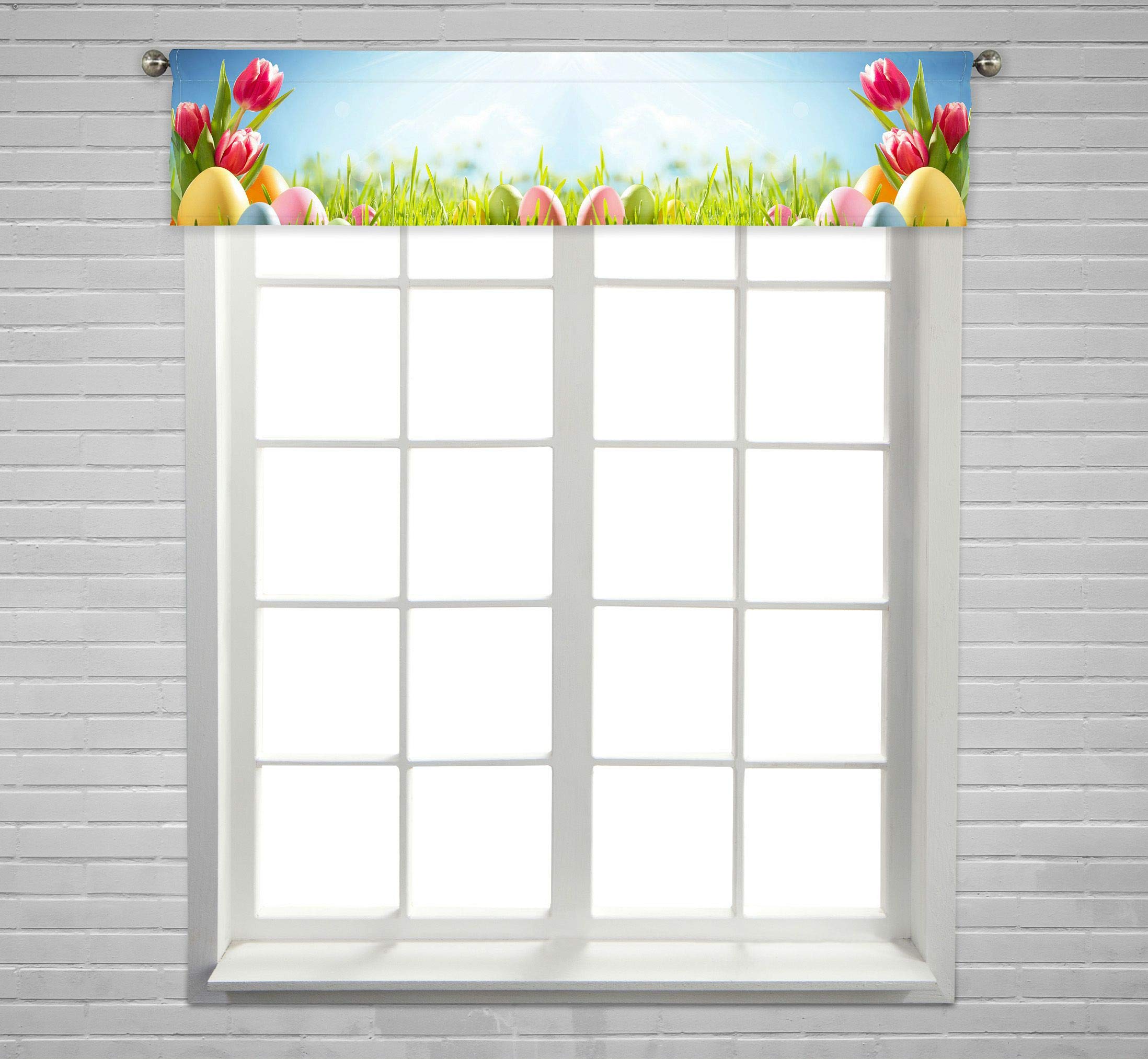 ABPHQTO Easter Eggs Tulip Meadow Window Curtain Valance - 54x12 Inch Rod Pocket Valance for Spring Decor, Kitchen & Living Room