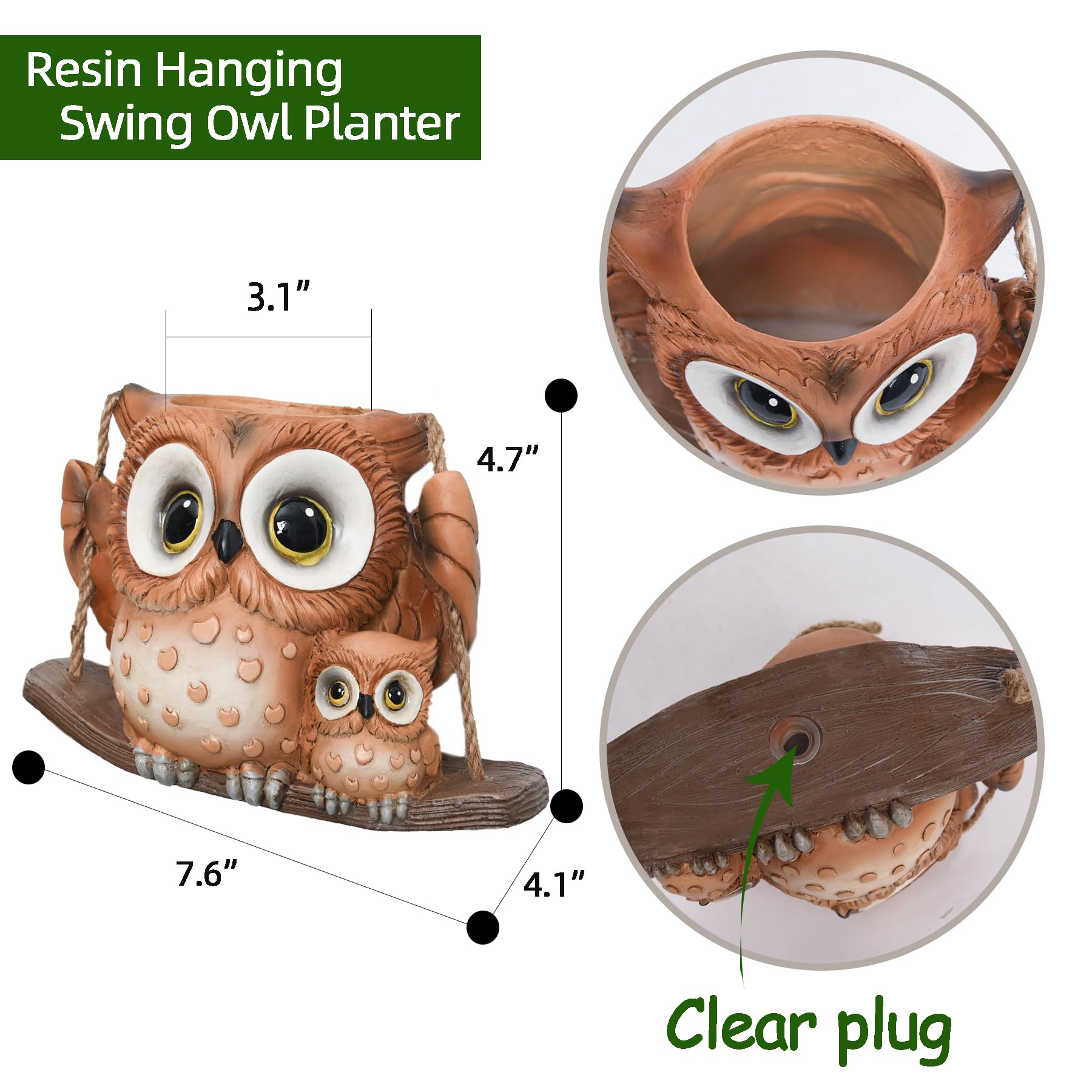 Swing Owl Hanging Planters for Indoor & Outdoor Plants - Small Succulent Pots with Drainage Hole - Unique Resin Plant Hangers for String of Pearls - Perfect Mother's Day Gift for Home Decor, Garden, Balcony & Patio