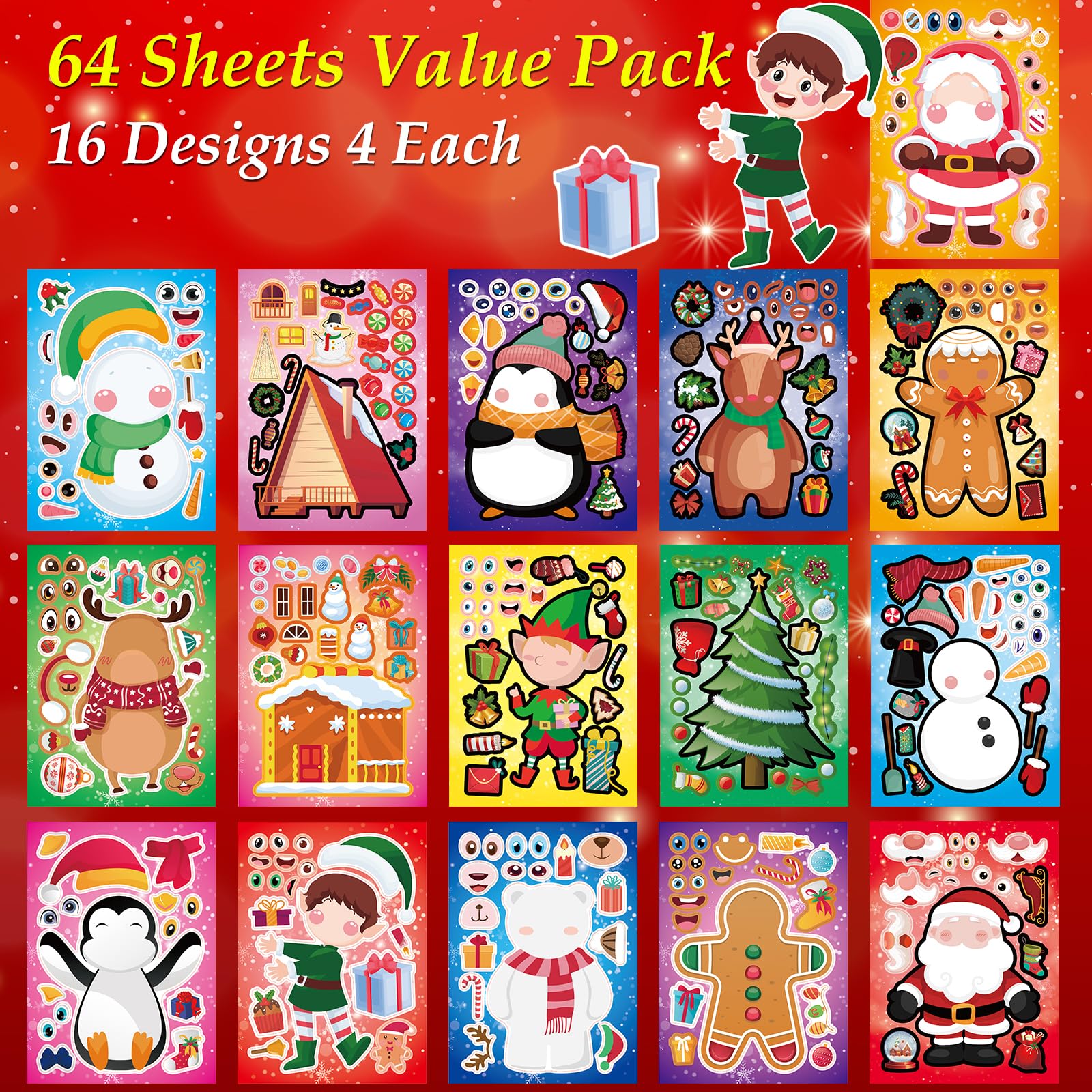 Aowplc Christmas Stickers 64 Sheets - DIY Holiday Character Stickers for Kids, Christmas Party Favors, Crafts & Activities - Perfect for Gift Wrapping, Scrapbooking & Holiday Decorations