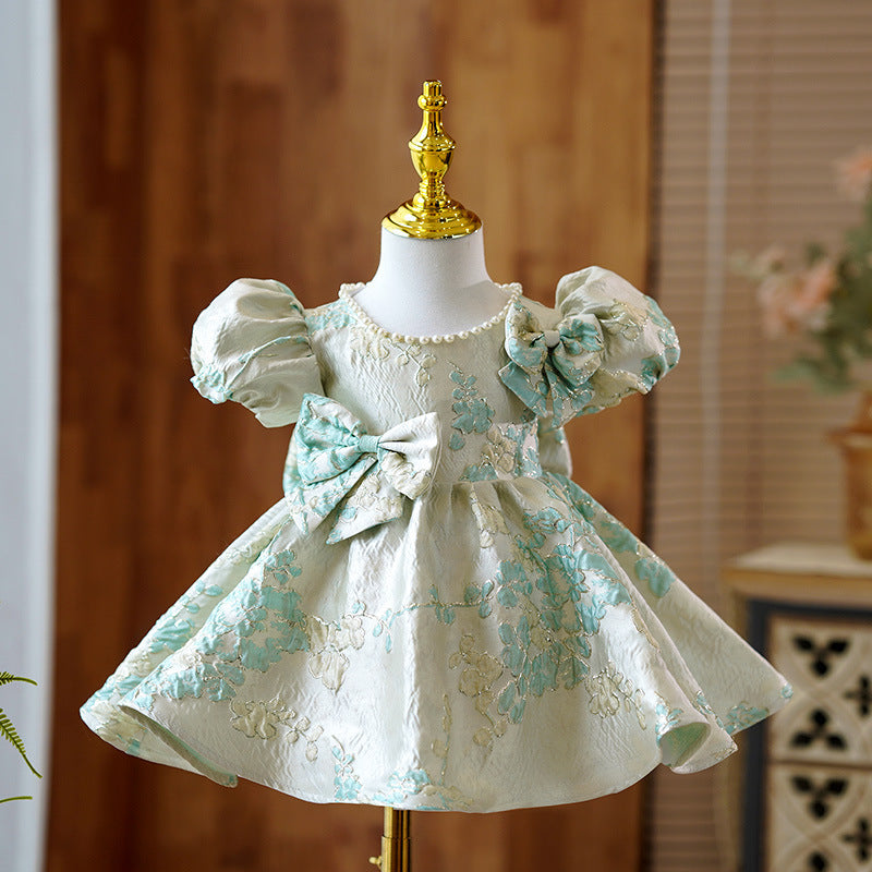 Elegant Baby Girls White and Green Jacquard Puff Sleeve First Birthday Dress - Princess Party Gown for 1 Year Old - Perfect for Christening, Photo Shoots & Special Occasions