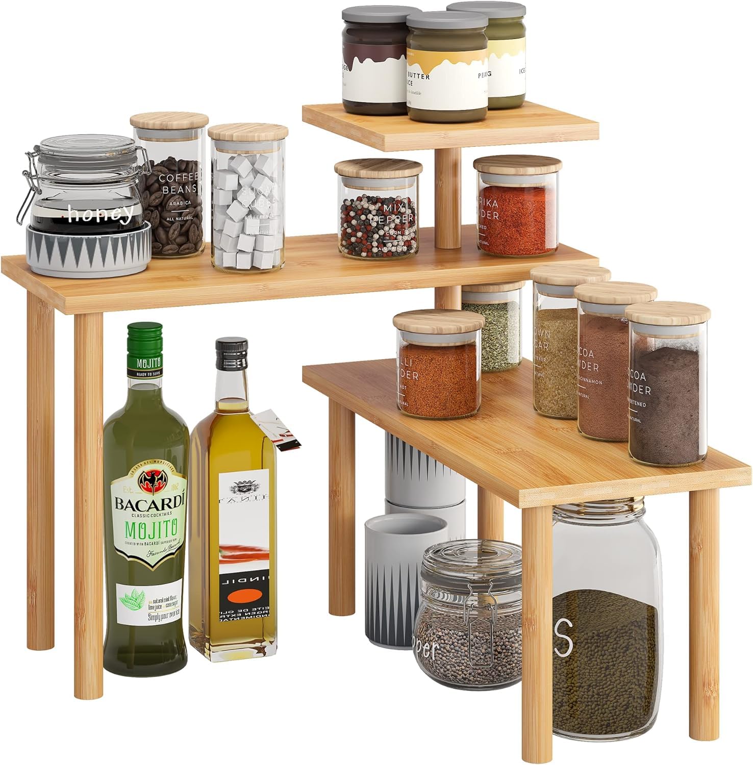 Premium Bamboo Kitchen Counter Organizer - 3-Tier Spice & Oil Shelf Rack for Kitchen Storage, Wooden Corner Shelf - Golden Brown | Perfect for Spice Organization, Makeup Display & Office Storage