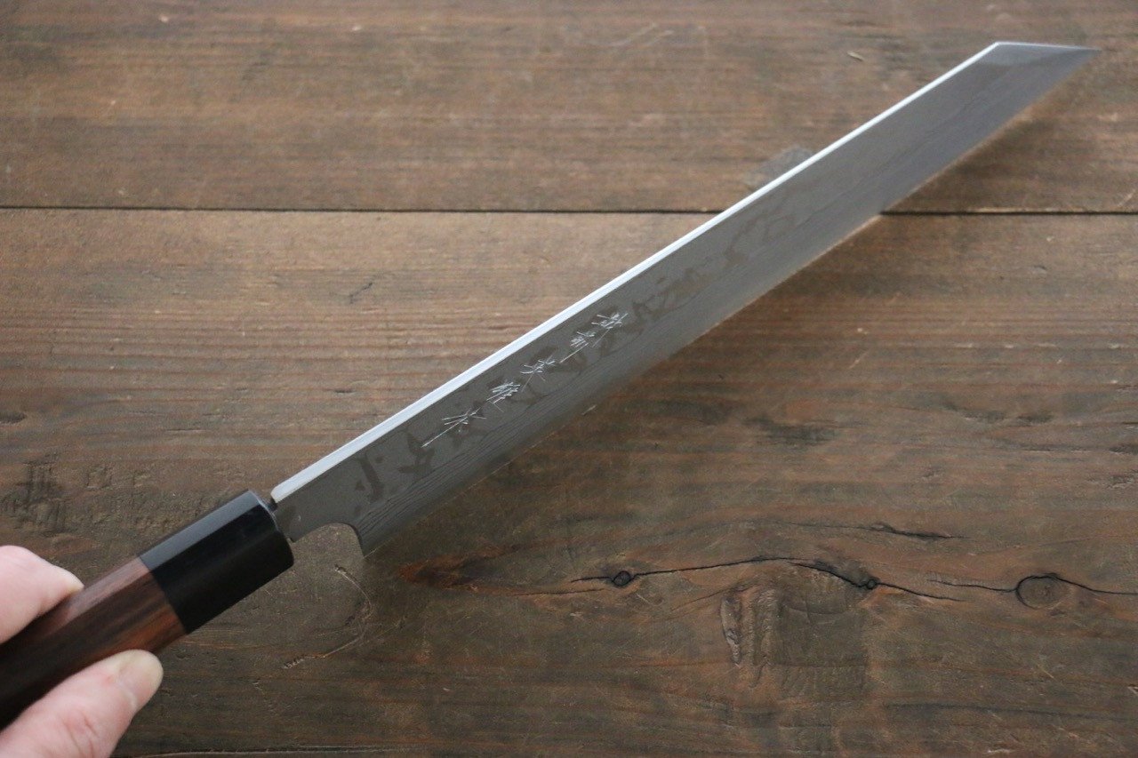 Premium Hideo Kitaoka Blue Steel No.2 Damascus Kiritsuke Yanagiba Knife 240mm - Japanese Shitan Handle - Sushi, Sashimi & Professional Chef's Knife for Precision Cutting