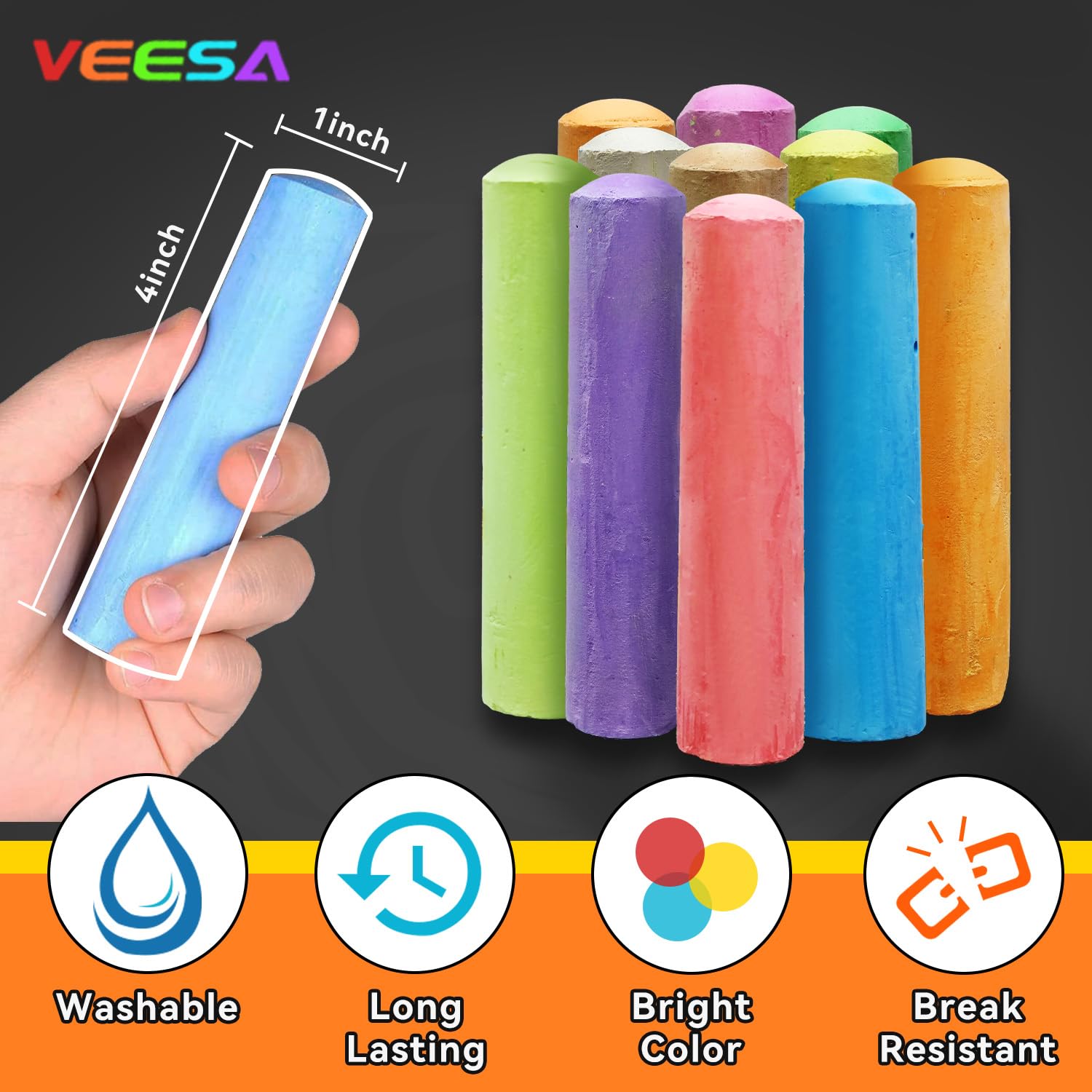 VEESA Jumbo Sidewalk Chalk Set - 52 Pieces in 10 Vibrant Colors (4” x 1”) | Washable Non-Toxic Driveway Chalk for Kids & Adults | Perfect for Chalkboards, Blackboards, Outdoor Playgrounds & Creative Sidewalk Art