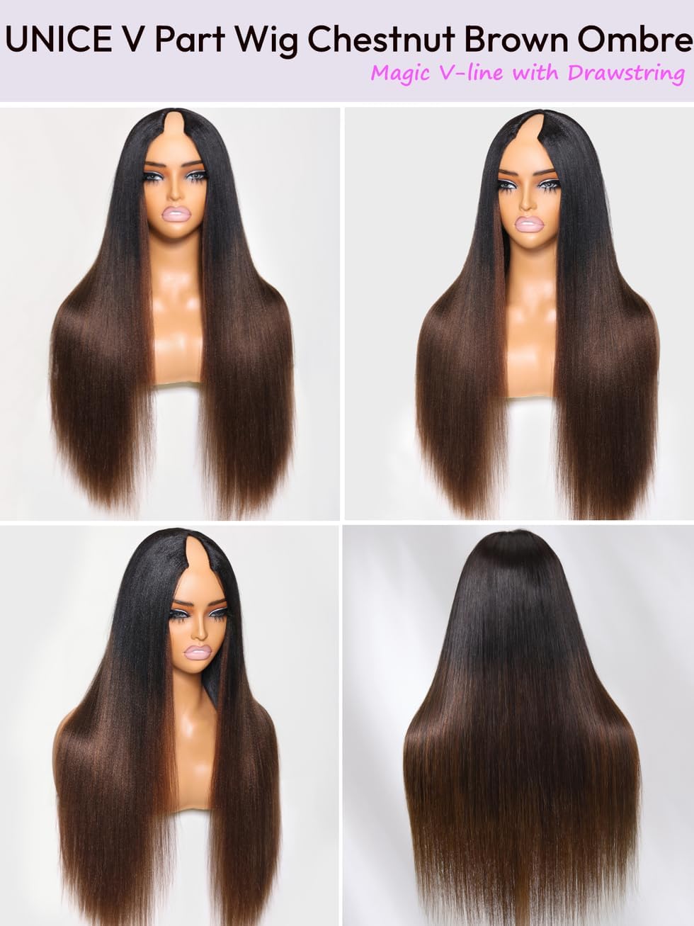 UNICE EasiContour Yaki Straight V Part Human Hair Wig - Black to Chestnut Brown Ombre, 180% Density, 14 Inch, Glueless Clip-in with Drawstring | Perfect for Daily Wear, Cosplay, and Special Occasions