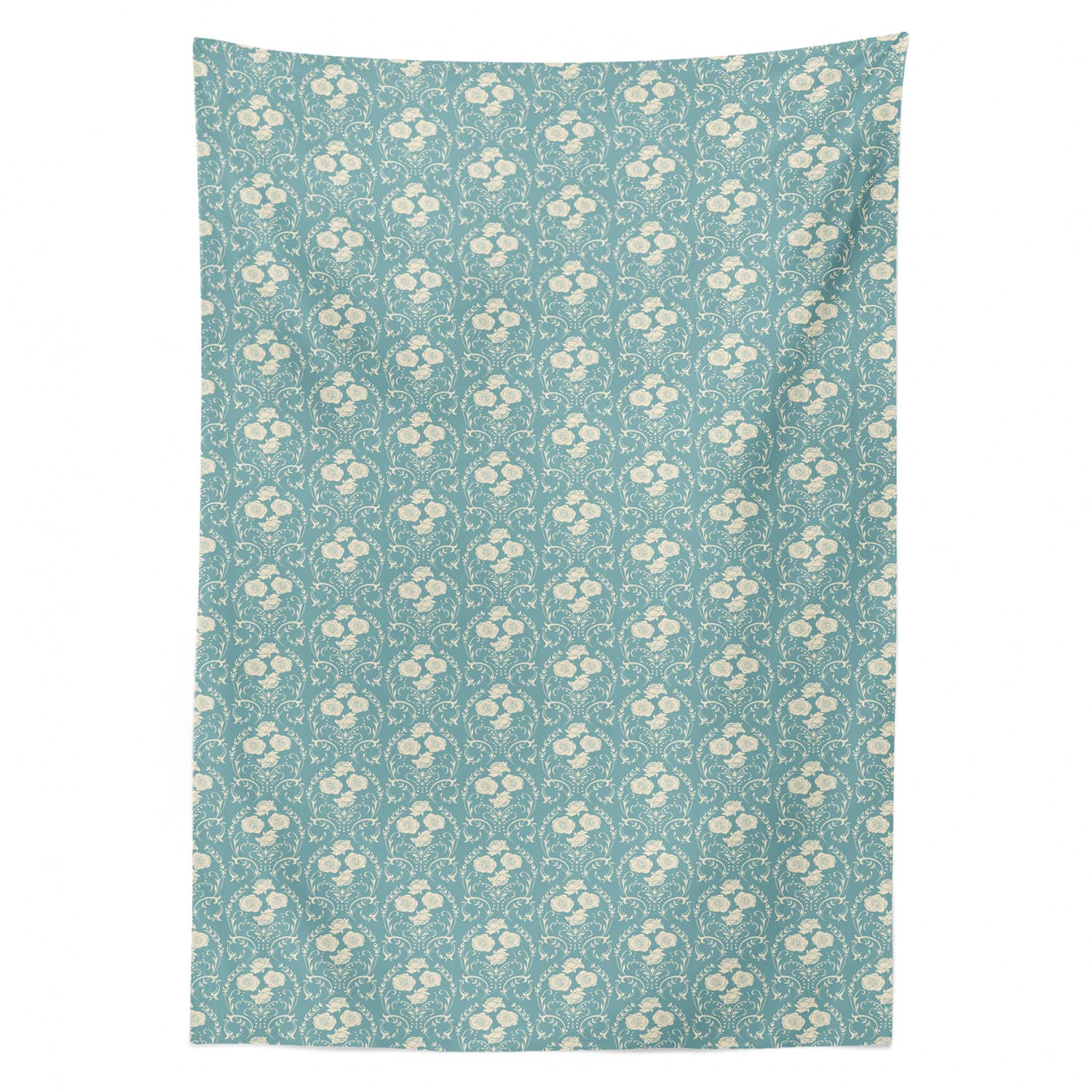 Ambesonne Rose Tablecloth - Elegant Swirling Leaf & Stem Wreath Design with Rose Petals Print | 60x90 Inch Rectangle Satin Dining Table Cover for Kitchen, Dining Room, Parties & Special Events | Off White & Pale Teal Home Decor