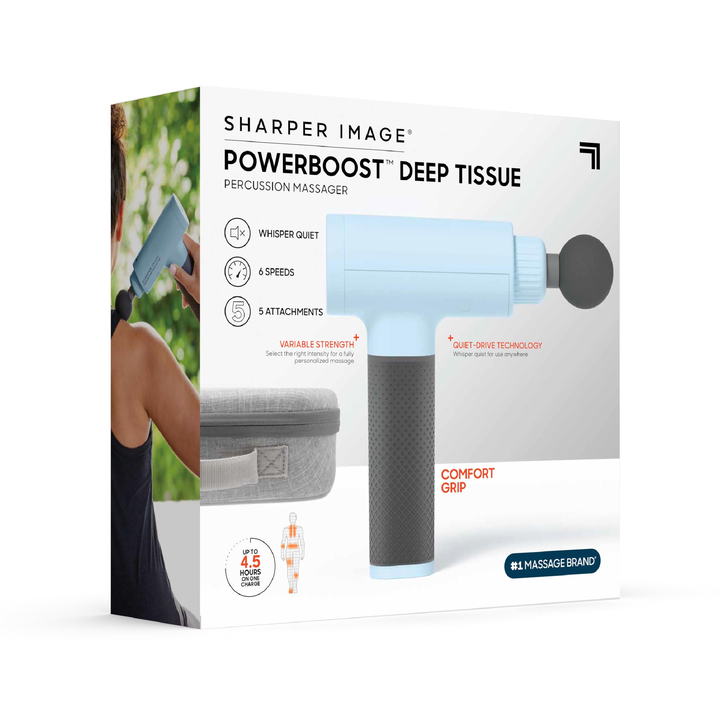 Sharper Image Powerboost Massage Gun 3.0 - Deep Tissue Percussion Massager with 5 Attachments & 6 Speed Levels, Quiet Motor for Pain Relief & Muscle Recovery | Ergonomic & Lightweight Design | Perfect for Athletes, Gym Recovery, Office Workers & Home Use - Blue