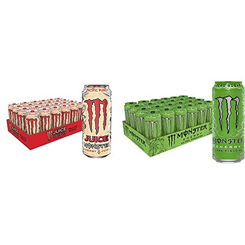 Monster Pacific Punch Energy + Juice Drink - 16oz (24 Pack) & Ultra Paradise Sugar Free Energy Drink - 16oz | Refreshing Flavors for Workouts, Gaming & Active Lifestyle