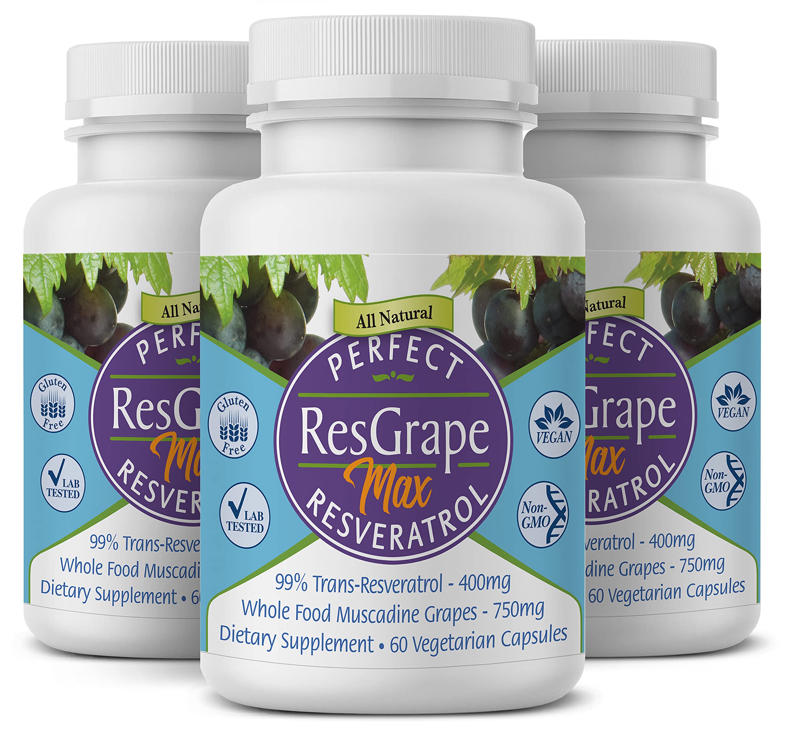 Perfect ResGrape Max - 180 Vegetable Capsules (3-Pack) | 99% Pure Trans-Resveratrol & Muscadine Grape Extract | Anti-Aging Supplement & Powerful Antioxidant | Supports Heart Health & Cellular Longevity for Active Adults