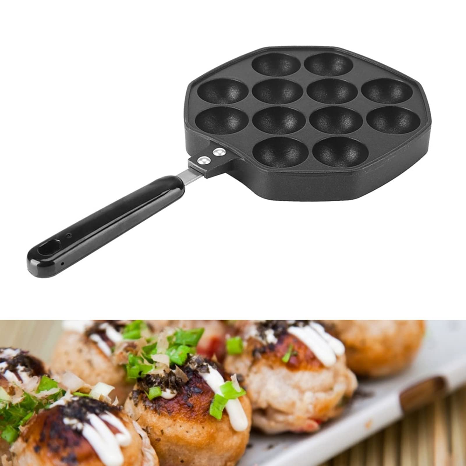 12-Hole Takoyaki Grill Pan - Non-Stick Aluminum Octopus Ball Maker for DIY Japanese Pancakes | Perfect for Home Kitchen, Party Snacks & Street Food Style Cooking | Black