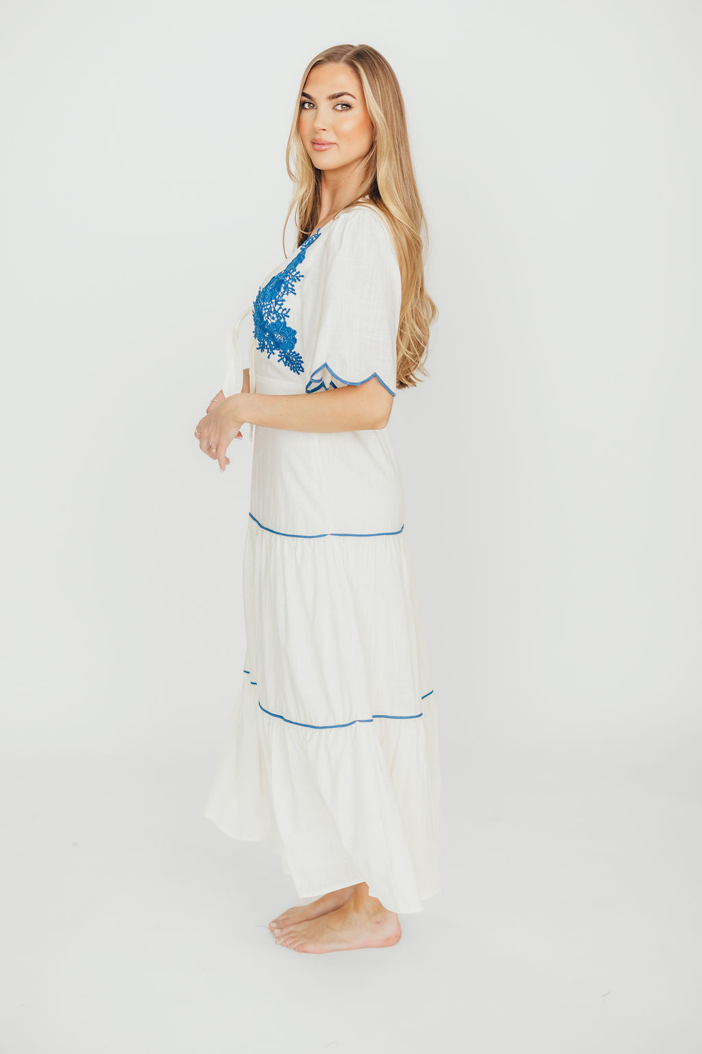 Lena Embroidered Tiered Midi Dress - Off White & Blue Floral Summer Dress for Women | Beach Wedding, Garden Party & Date Night Outfits