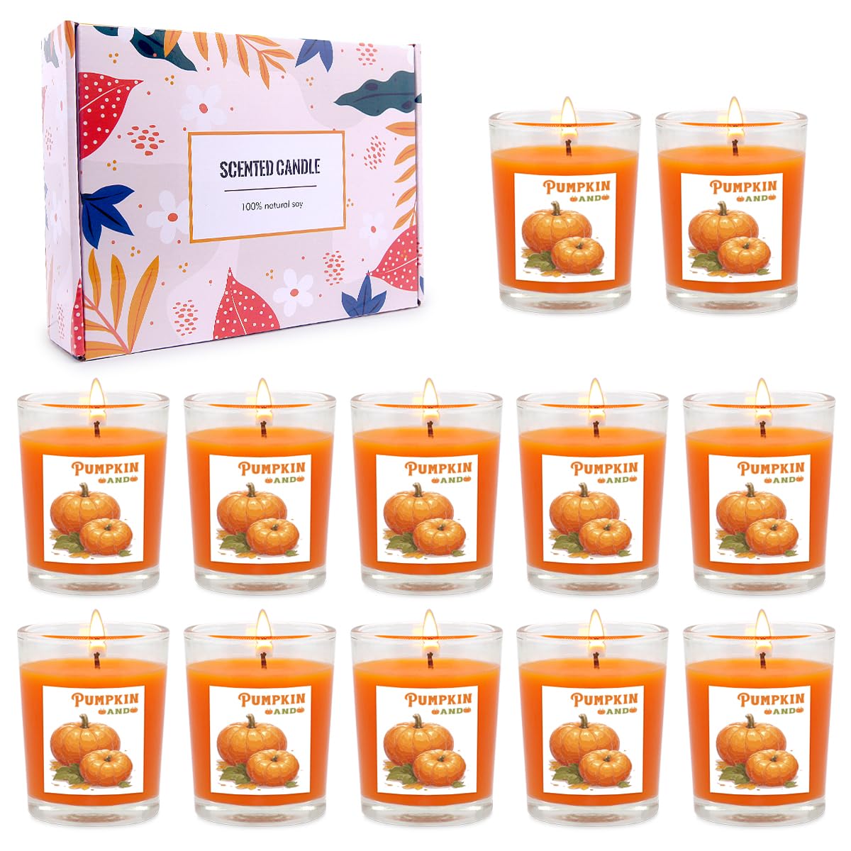 12 Pack Pumpkin Spice Scented Candles - Natural Soy Wax Autumn Votive Candles in Clear Glass, Orange Fall Harvest Decor for Halloween, Thanksgiving, Home & Table Centerpiece | Perfect for Cozy Evenings, Seasonal Celebrations & Festive Ambiance