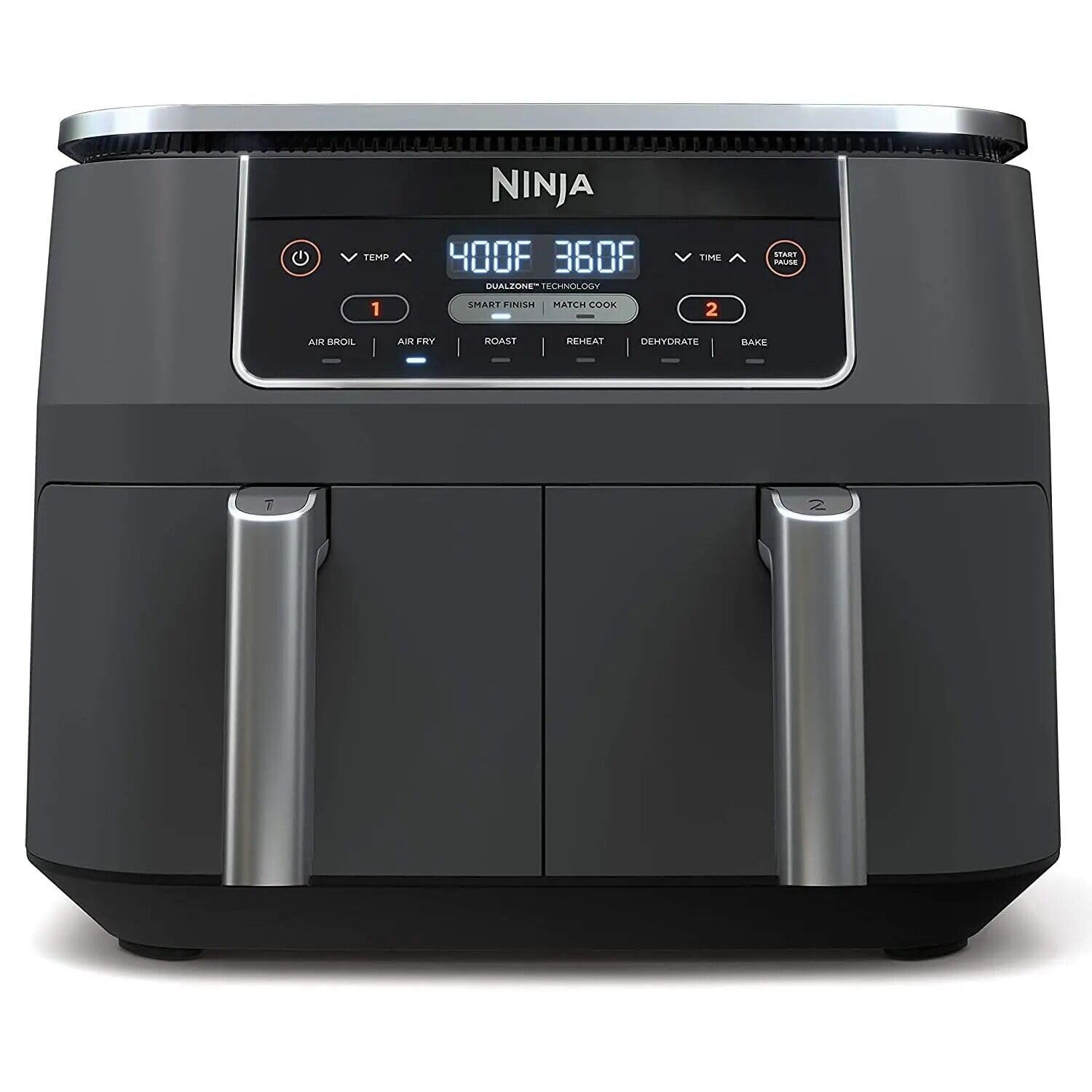 Ninja DZ201 Foodi 8 Quart 6-in-1 DualZone Air Fryer with 2 Independent Baskets - Smart Finish, Match Cook, Roast, Broil & Dehydrate Functions - Perfect for Family Dinners, Meal Prep & Healthy Cooking (Renewed, Grey)