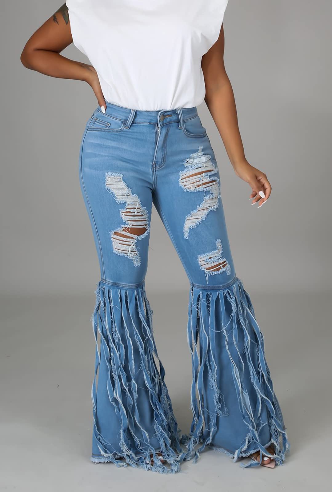 **Women's High Waisted Bell Bottom Jeans - Distressed Ripped Flare Denim Pants with Elastic Waist & Raw Hem | 70s Vintage Style for Casual Outfits & Music Festivals**