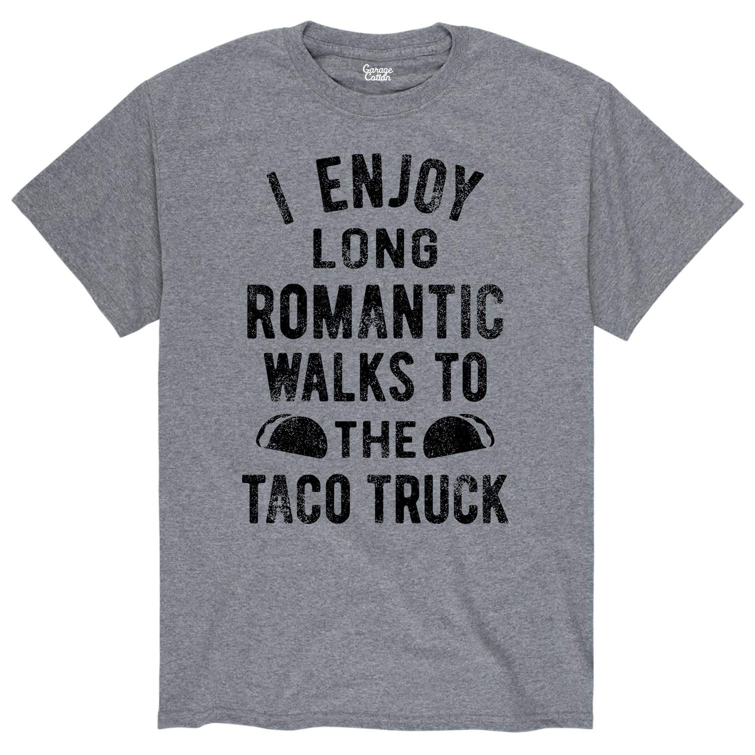 Funny Graphic T-Shirt for Men - 'I Enjoy Long Romantic Walks to The Taco Truck' Slogan Tee | Casual Summer Short Sleeve Top | Perfect for Date Nights, Food Lovers & Humor Apparel Gifts