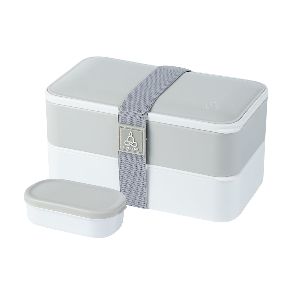 Bento Tek 41 oz Gray & White Buddha Box - All-in-One Lunch Container with Utensils & Sauce Cup (7.25