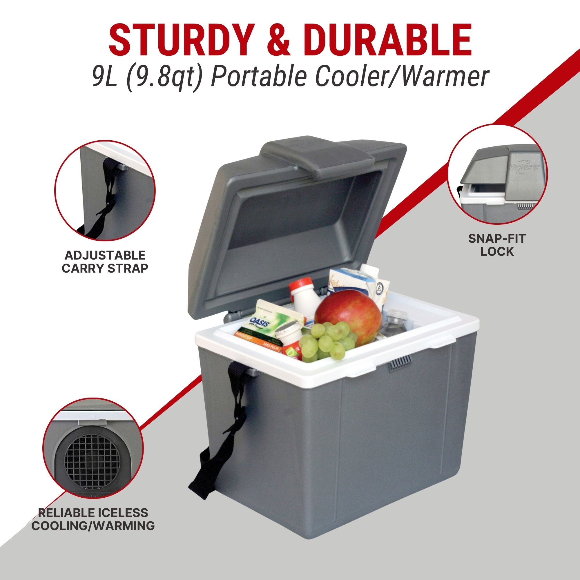 Koolatron 12V Electric Cooler & Warmer - 9L (9.8qt) Portable Thermoelectric Lunch Box with Adjustable Strap | 12V DC Car Fridge for Work, Travel, Camping, Road Trips & RV | Iceless Mini Fridge for Food & Drinks | Gray