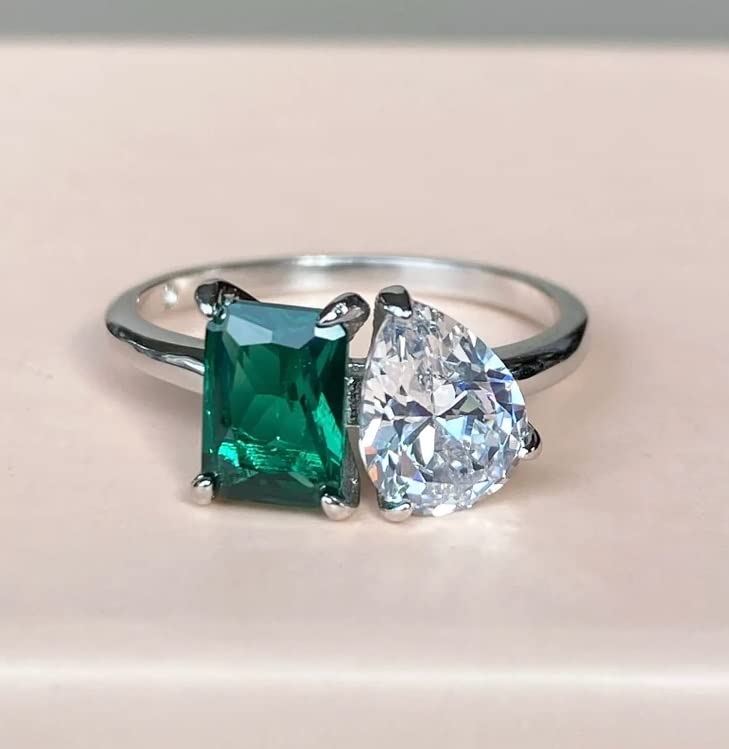 Phoenixjewel Toi Et Moi Ring - 2 Stone Engagement & Wedding Ring with Green Emerald Cut Diamond & Pear Gemstone - 14K Gold Plated Silver Ring for Women - Perfect for Mother's Day, Birthday Gifts & Anniversary Celebrations