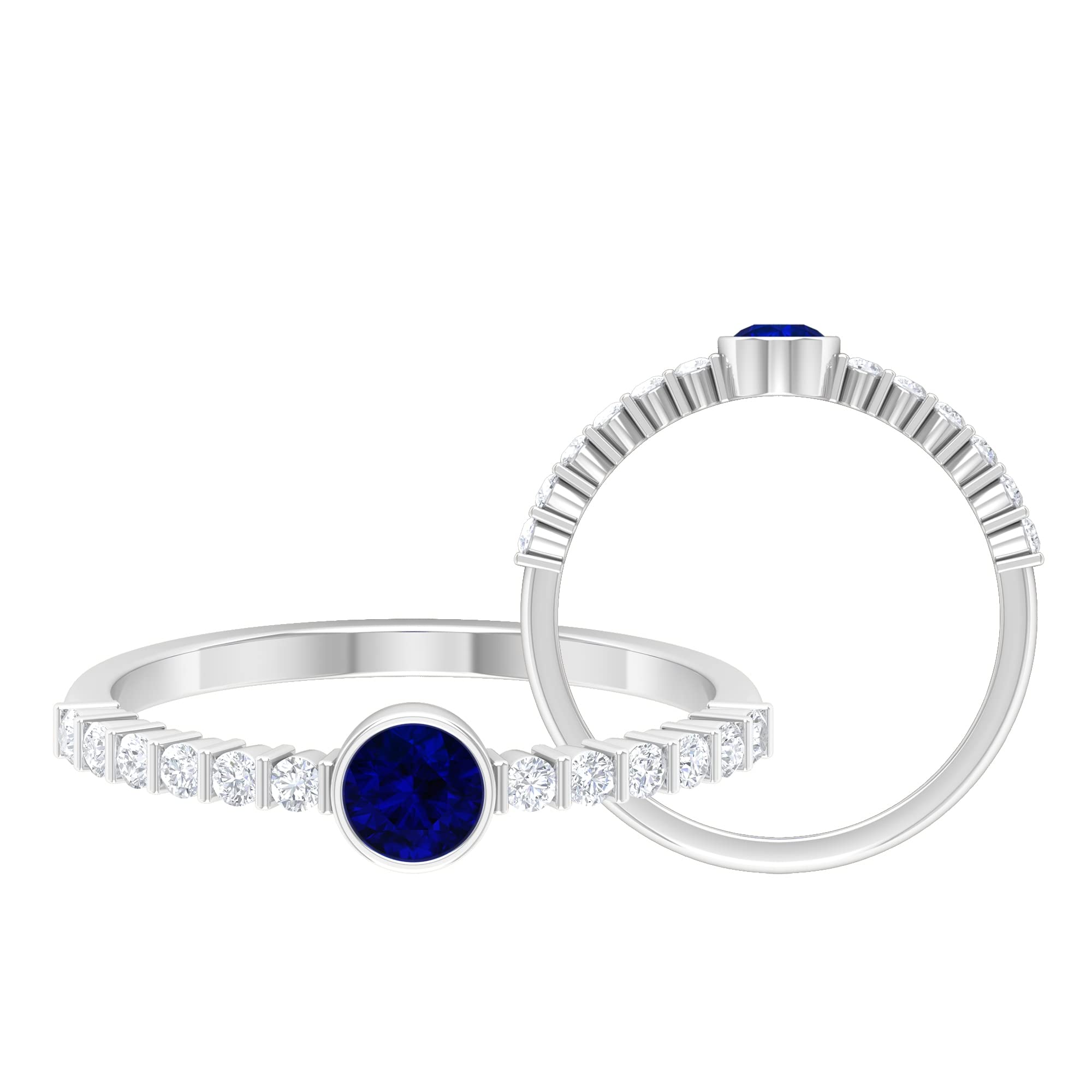 3/4 CT Blue Sapphire and Diamond Engagement Ring - 4mm Solitaire Bezel Set in 14K Solid Gold for Women | Wedding, Proposal, Anniversary Gift Idea