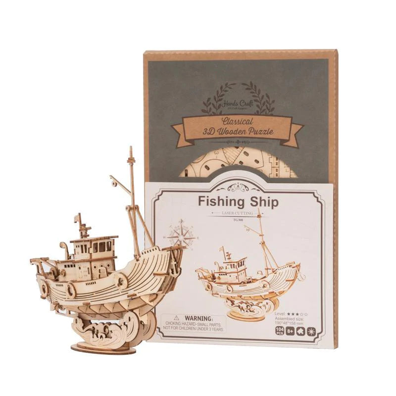 3D Wooden Puzzle Fishing Ship Model Kit - DIY Wood Craft for Adults & Teens - Fun & Challenging Brain Teaser - Perfect for Home Decor, Gifts & Relaxation