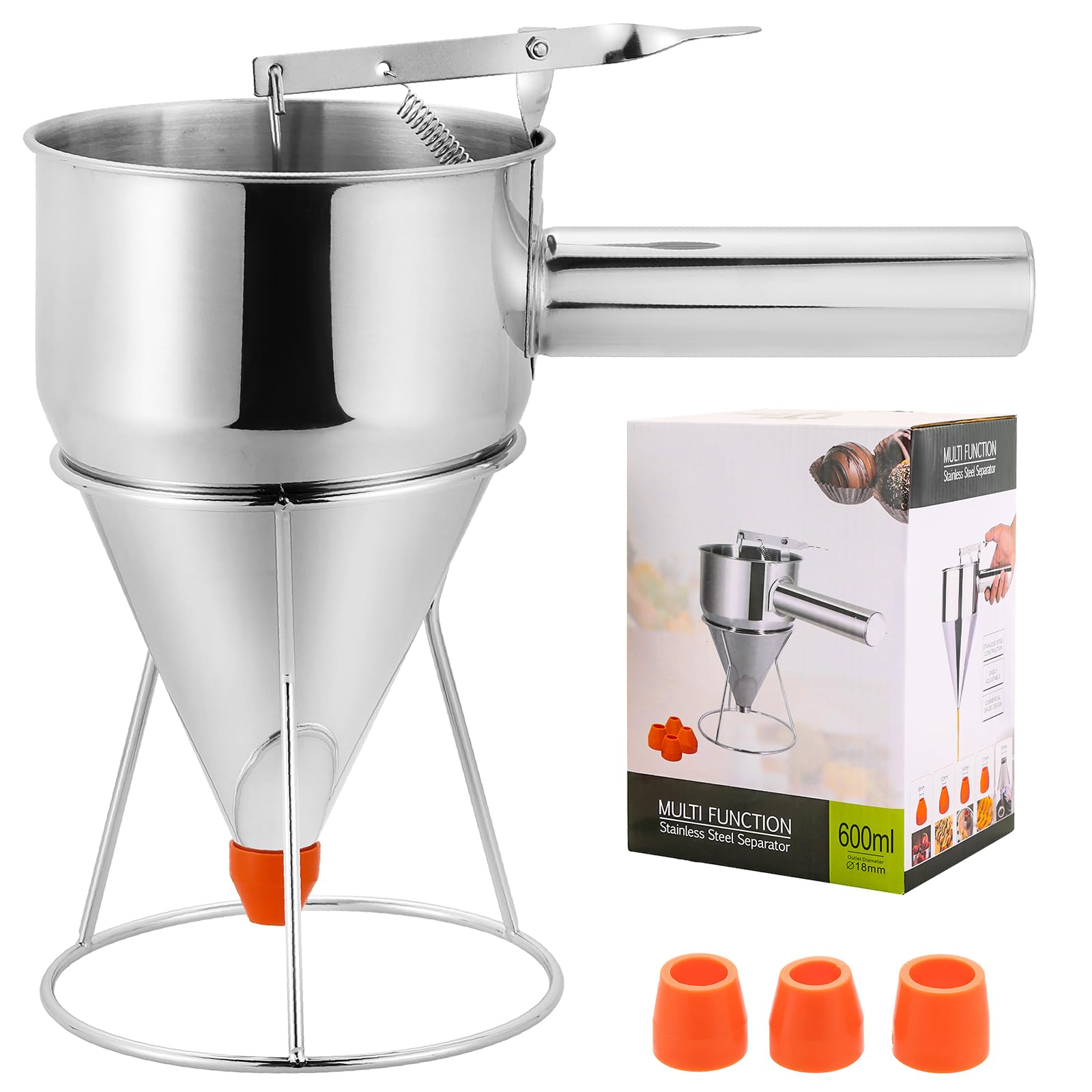 1200ML/40OZ Stainless Steel Pancake Batter Dispenser with 4 Nozzles - Piston Funnel Dispenser with Detachable Handle & Stand for Takoyaki, Baking Cakes, Desserts - Perfect for Home Kitchen, Bakery Shops, and DIY Dessert Making