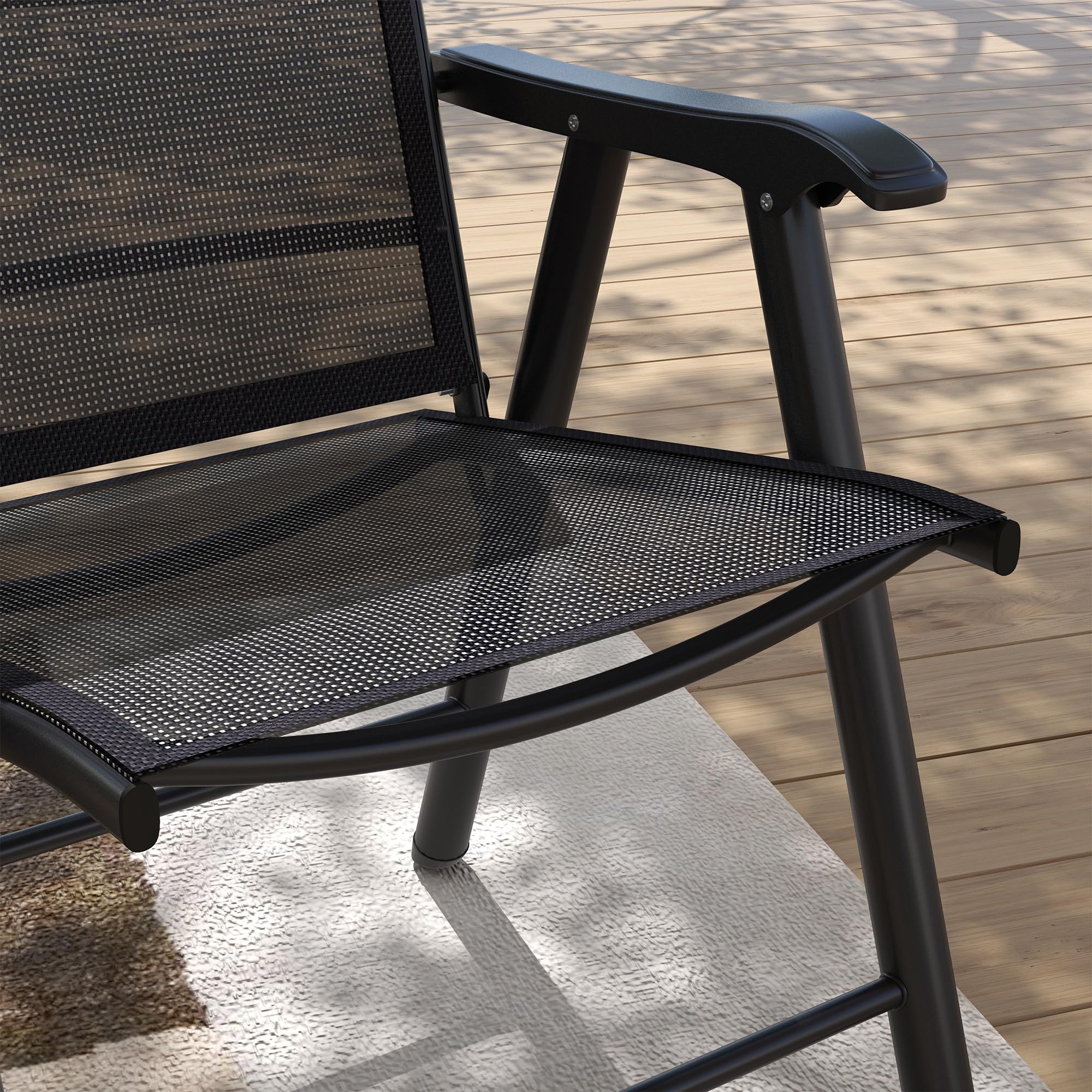 Outsunny 4-Piece Stackable Folding Patio Chairs Set - Black Metal Frame Outdoor Dining Chairs with Armrests for Lawn, Camping, Beach & Backyard - No Assembly Required | Perfect for BBQs, Poolside Lounging & Garden Parties