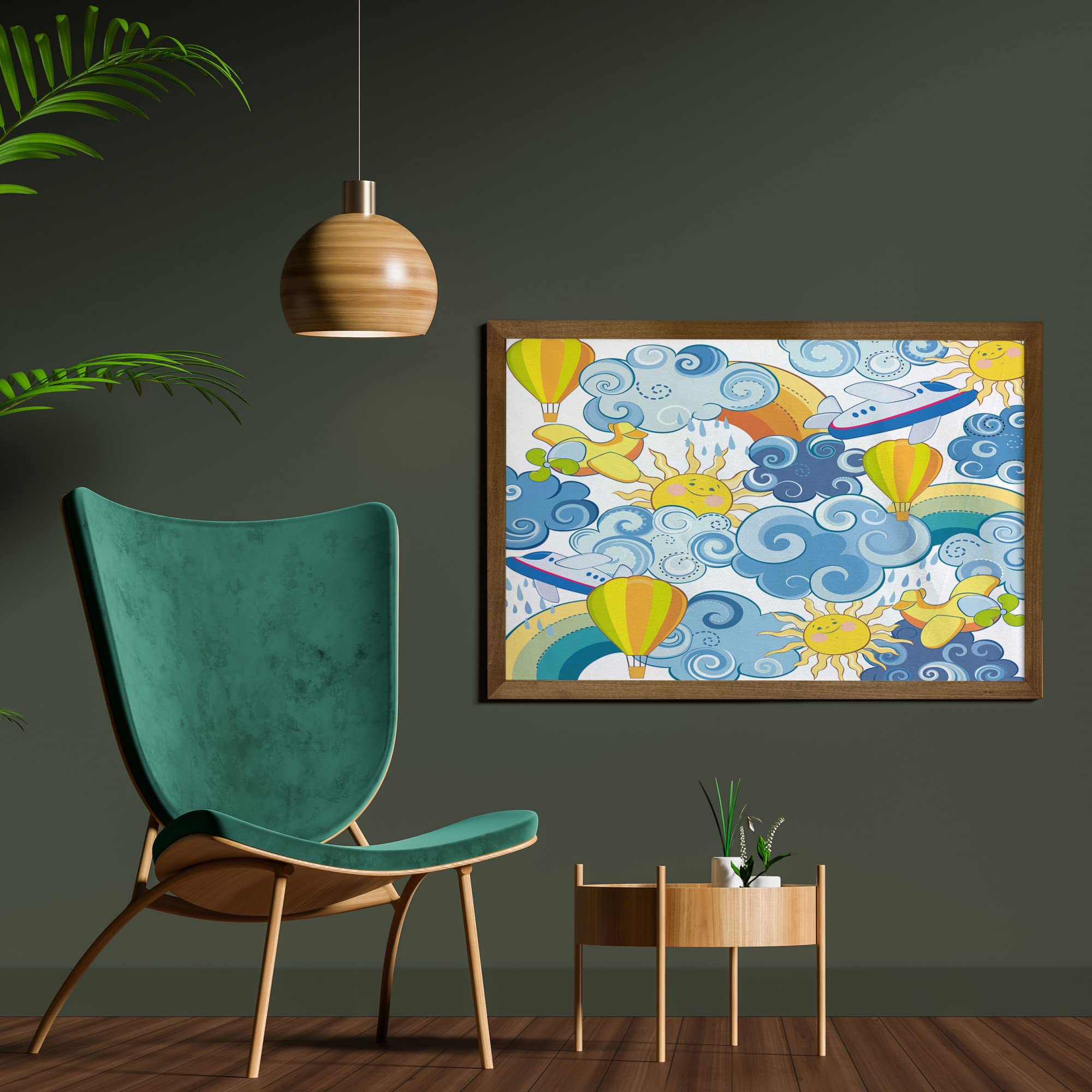 Ambesonne Framed Wall Art - Clouds, Smiling Sun, Airplanes & Balloons Illustration Print on Fabric with Teak Wood Frame - 35