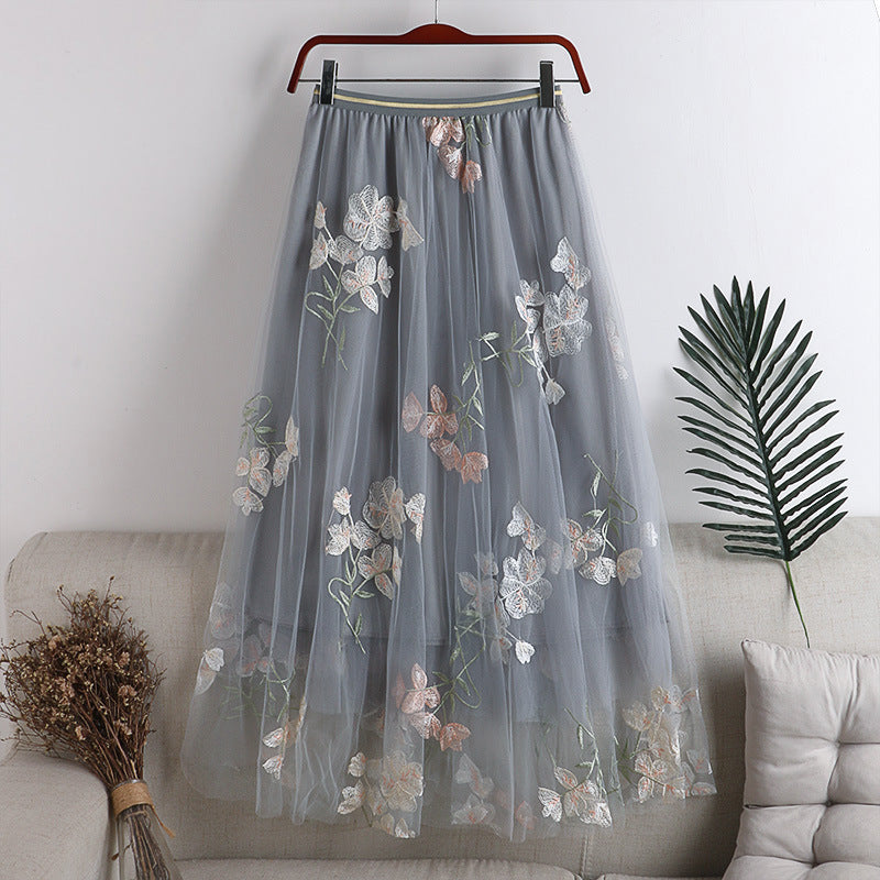 Embroidered Floral Mesh Fluffy Midi Skirt for Women - Elegant Boho Style Skirt with Floral Embroidery for Spring & Summer - Perfect for Casual Outings, Beach Vacations, and Date Nights