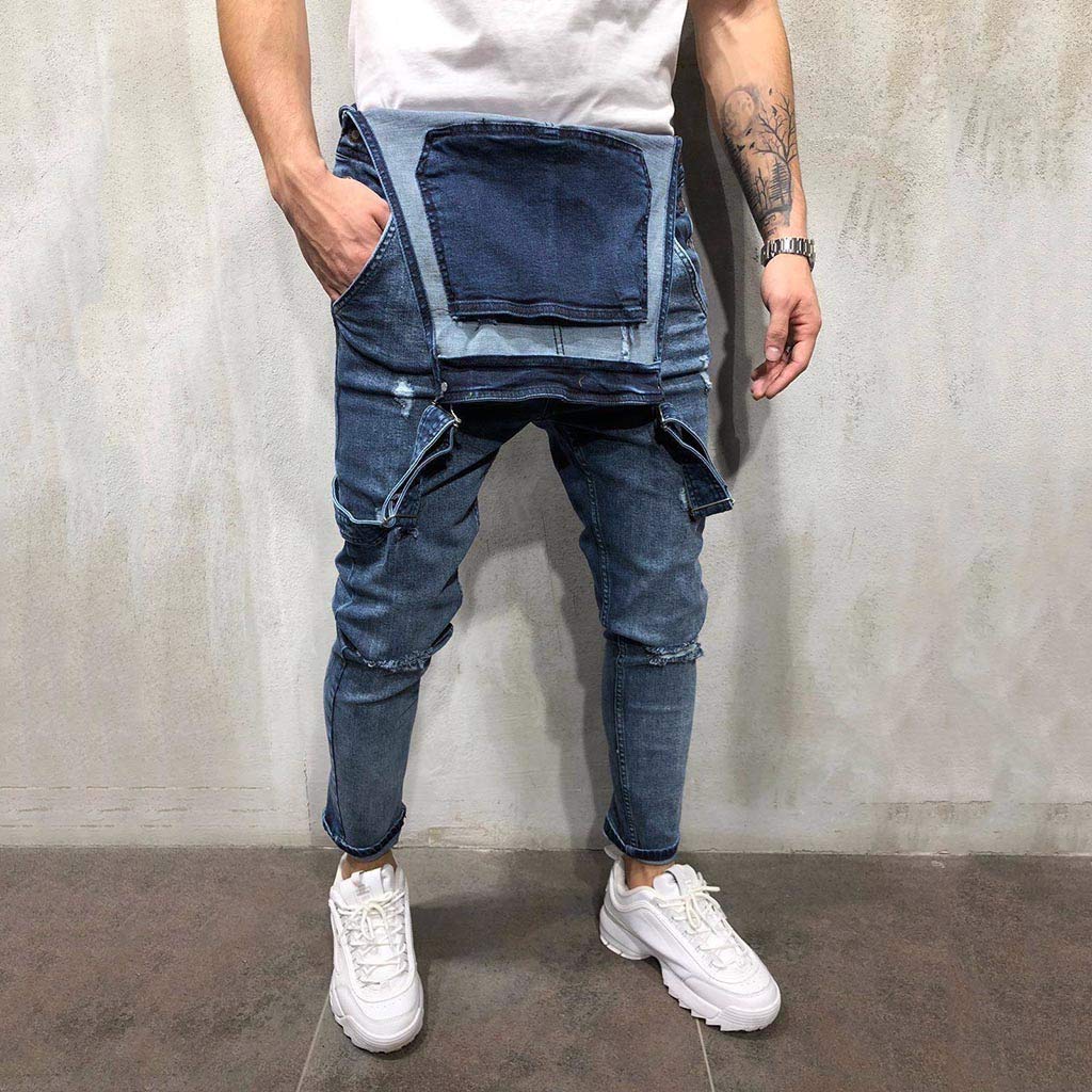 Men's Distressed Denim Overalls with Suspenders & Tie Band - Vintage Washed Jumpsuit Pants for Casual Wear & Work Outfits