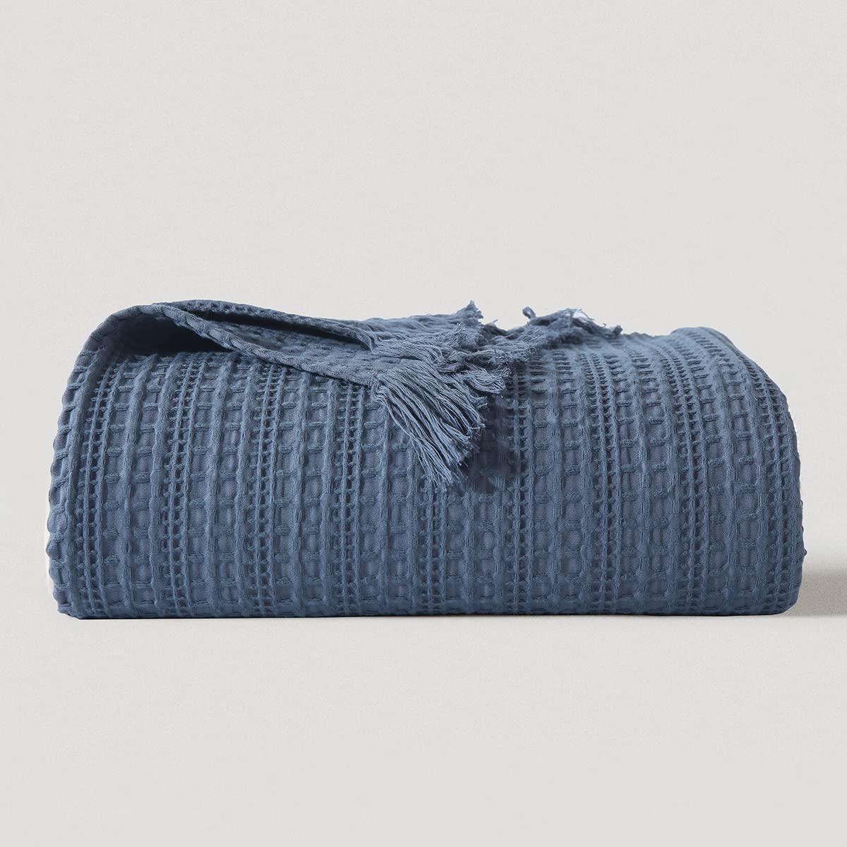 100% Cotton Waffle King Size Blanket with Fringe - Pre-Washed Waffle Weave All Season Throw - Lightweight Breathable Soft Cozy Blanket for Couch, Bed, Travel, Camping & Gifts (Blue, 104x90 Inches) - Perfect for Home Decor, Guest Room & Winter Warmth