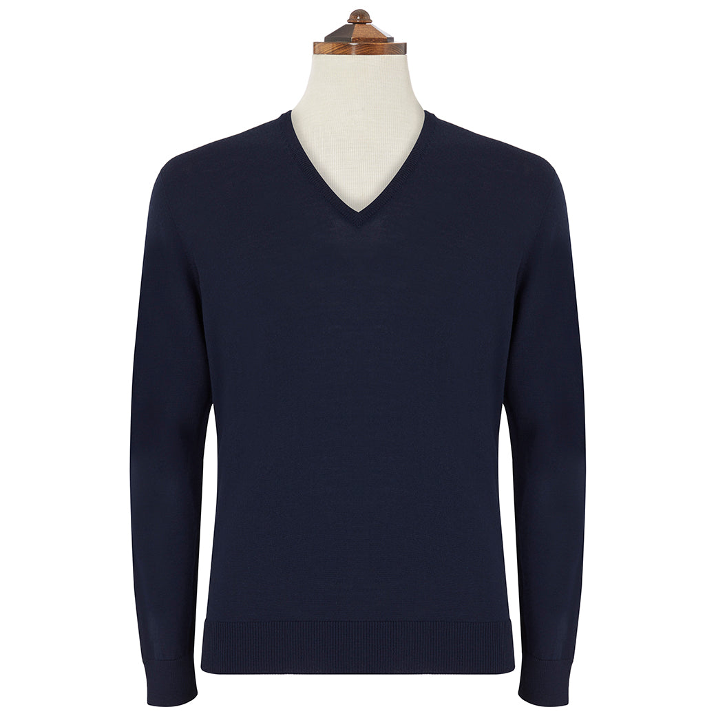 Kendrick Navy Blue V-Neck Long Sleeve Pullover Sweater for Men - Casual Comfort Wear for Office, Date Night & Fall Layering