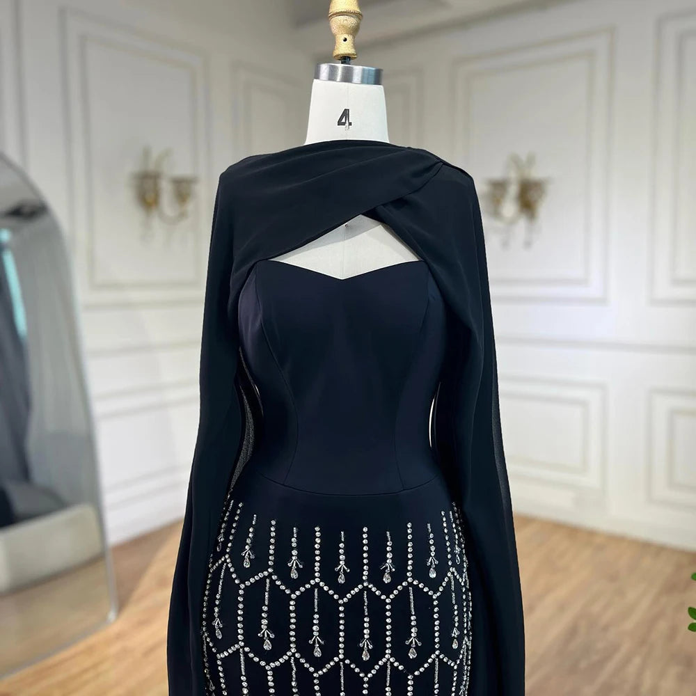 Elegant Black Mermaid Evening Dress with Cape Feather - Arabic Prom Formal Gown for Women | Perfect for Weddings, Parties & Special Occasions | Serene Hill LA72410