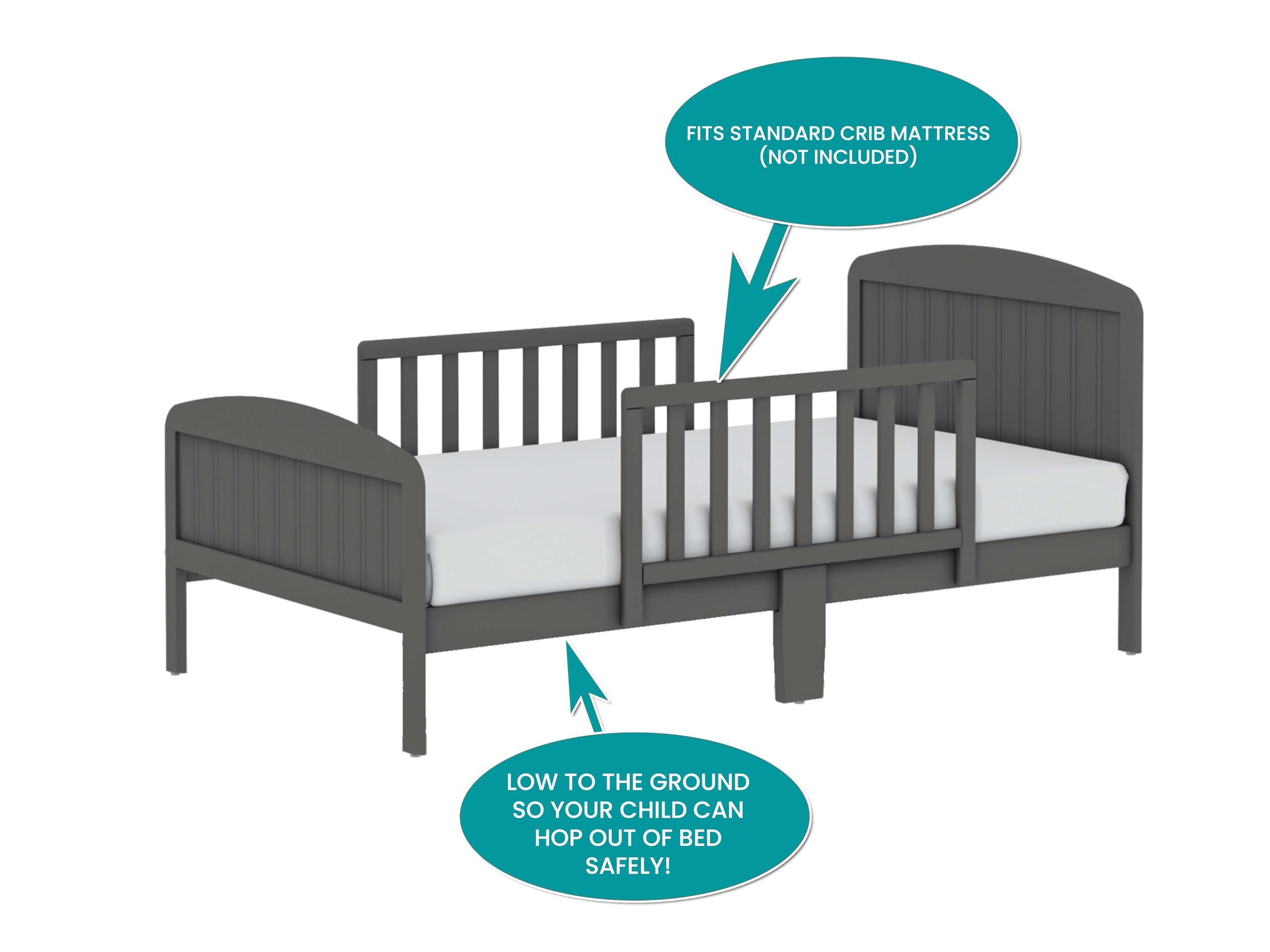 Harrisburg Solid Wood Toddler Bed with Safety Rails - Modern Transitional Design for Kids Bedroom - Fits Crib Mattress, Low Profile Grey Toddler Bed for Safe & Comfortable Sleep Transition from Crib to Big Kid Bed