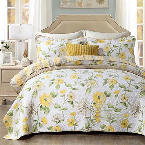 Newrara 100% Cotton Queen Size 3-Piece Quilt Set - White with Yellow Floral Patchwork Design | Soft Bedspread & Comforter for Cozy Bedroom Decor