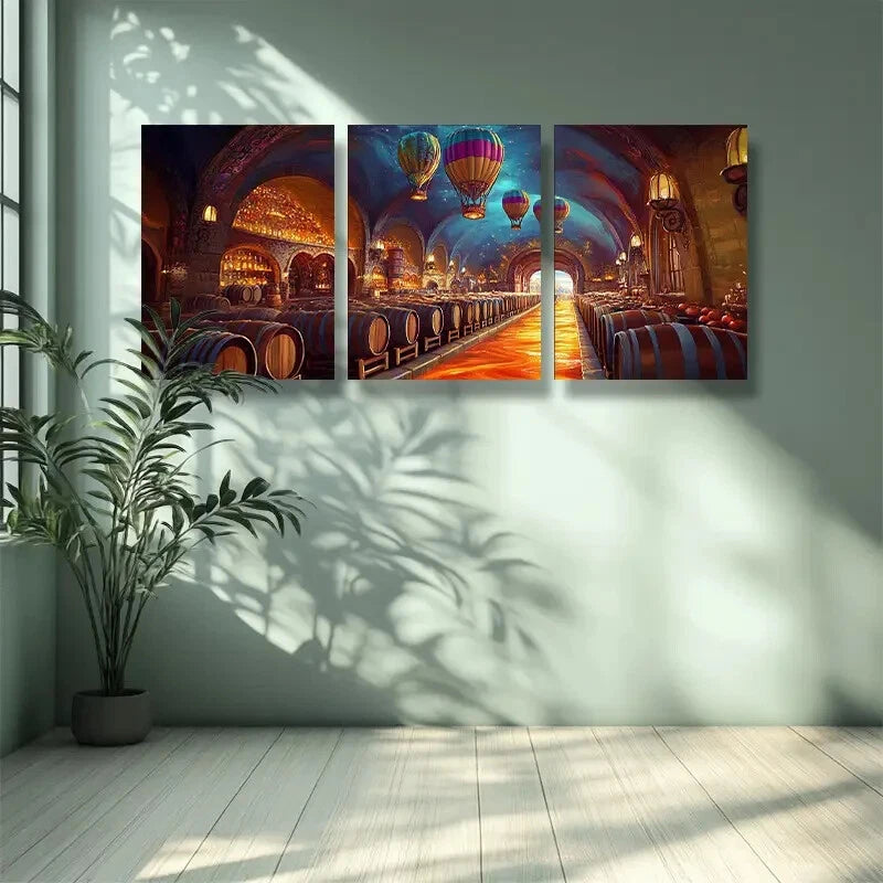 3-Piece Vibrant Wine Cellar Metal Wall Art with Hot Air Balloon Design - Ready to Hang Home Decor for Dining Room, Kitchen or Bar