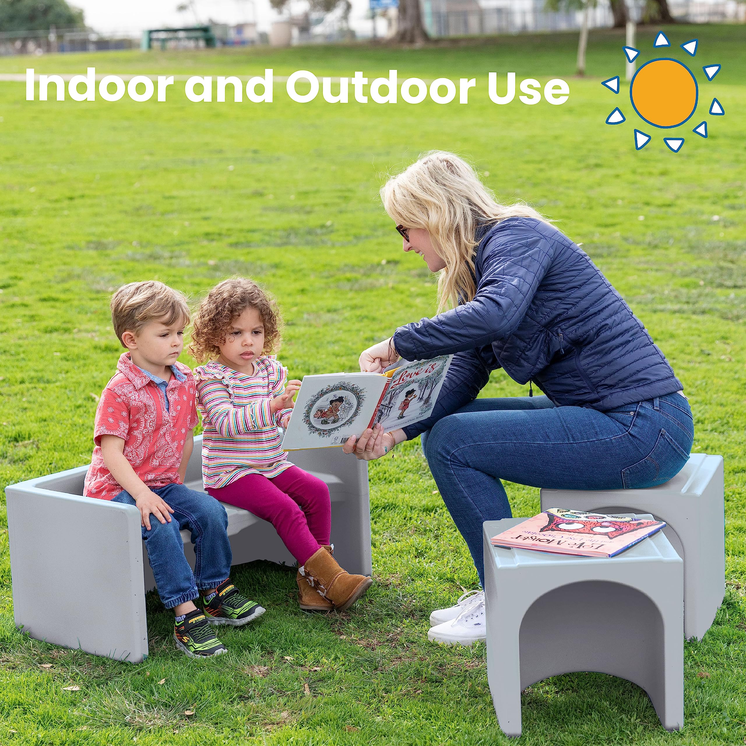 ECR4Kids Tri-Me Table and Cube Chair Set - Light Grey 3-Piece Kids Furniture for Classroom, Playroom & Home Learning - Toddler Activity Table with Storage & Stackable Chairs