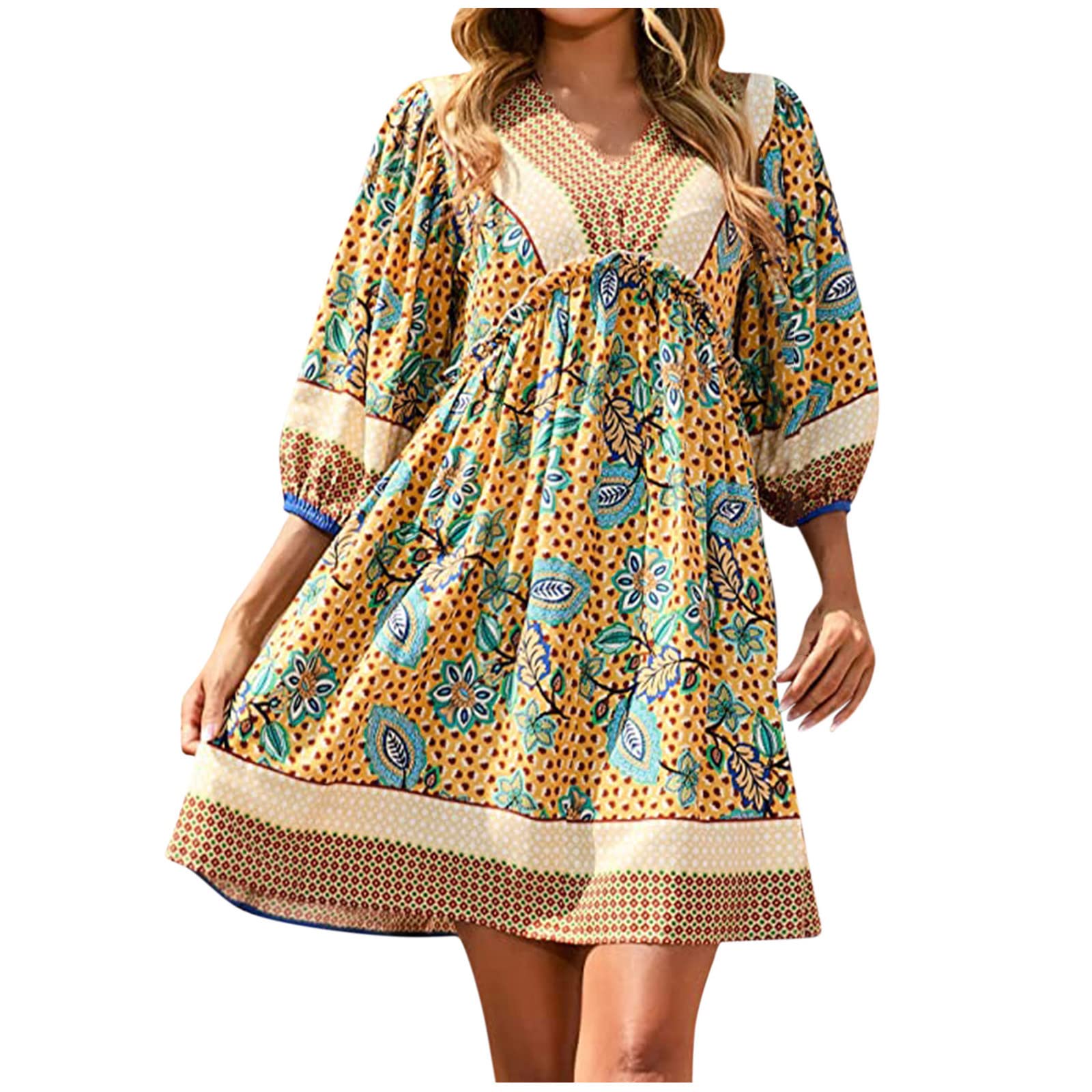 Boho Floral Print Women's Casual Dress - V Neck 3/4 Sleeve Swing Mini Dress for Spring & Summer | Perfect for Beach Vacations, Date Nights & Outdoor Parties