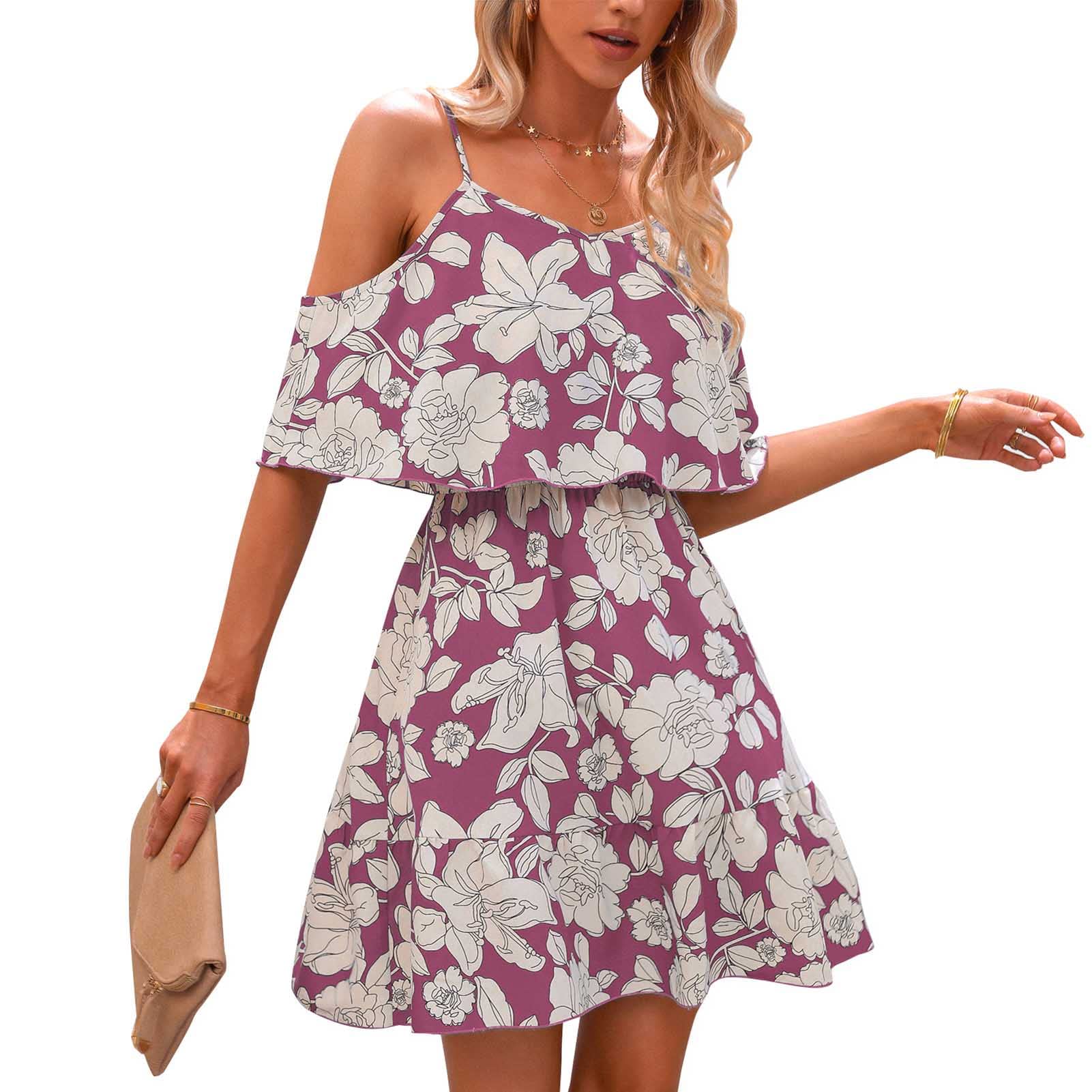 Women's Summer Off Shoulder Ruffle Floral Spaghetti Strap Casual Dress - Elastic Waist Midi Dress for Beach, Vacation & Date Night