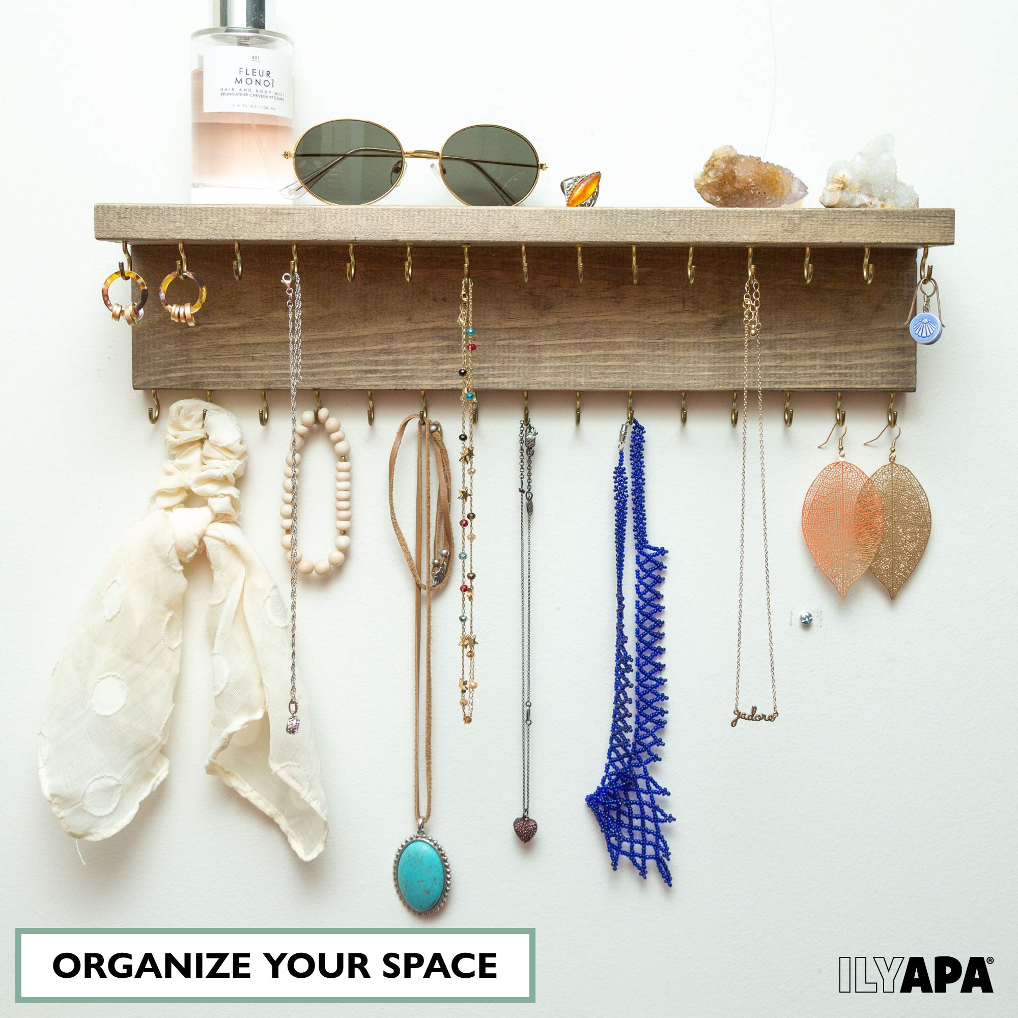 Rustic Wall Mounted Jewelry Organizer Shelf - Brown Wooden Hanger for Necklaces, Earrings & Bracelets with Hooks | Perfect for Bedroom, Bathroom & Closet Organization