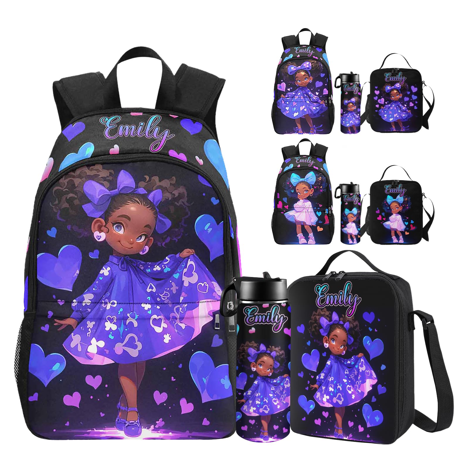 Personalized Kids Backpack for Girls - Custom Name Heart Print School Bag with Lunch Box, Durable Daypack for Travel, School & Dance | Perfect Back to School Gift for Students