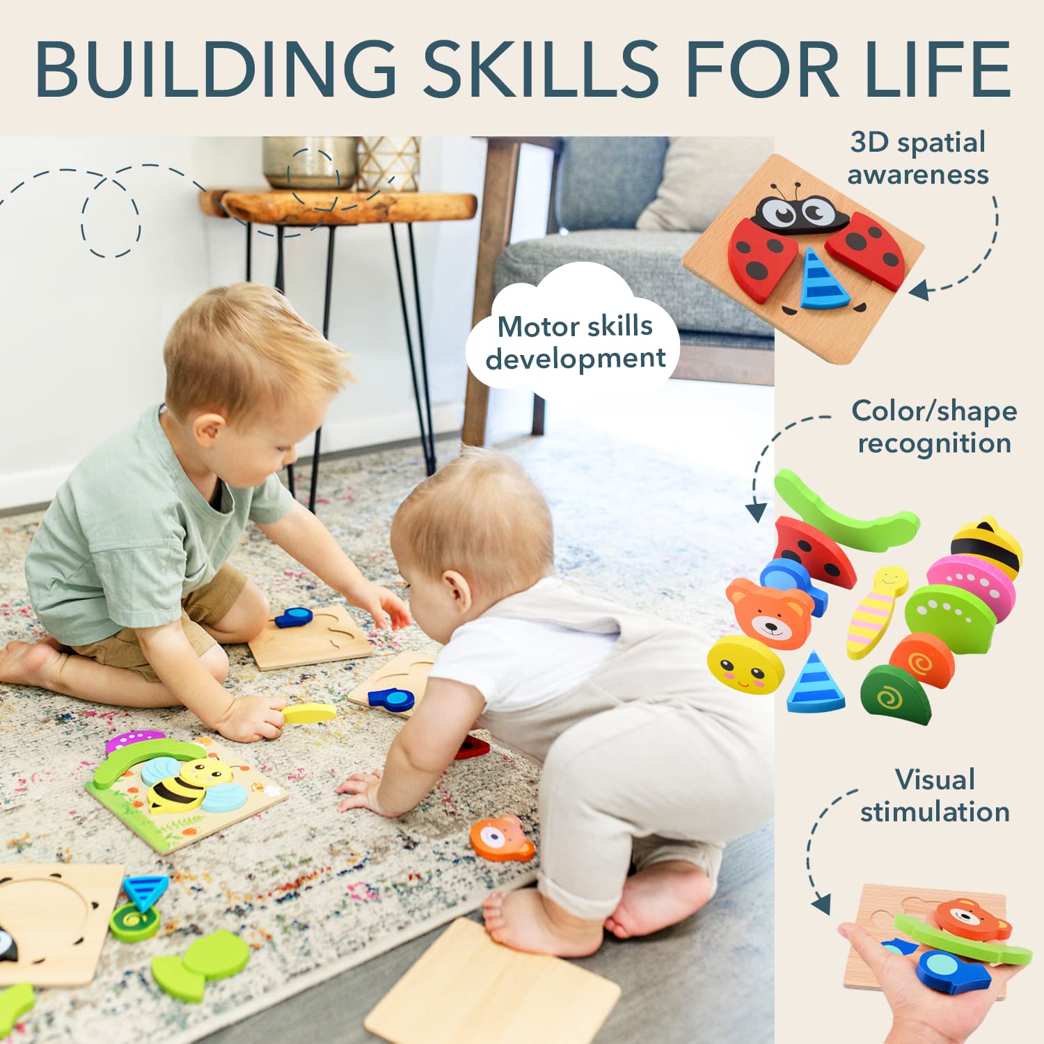 Magifire Wooden Puzzles for Toddlers 1-3 Years - Set of 4 Montessori Learning Toys with Chunky Pieces (Butterfly, Bee, Ladybug, Bear) - Perfect for Early Childhood Development & Travel-Friendly with Storage Bag