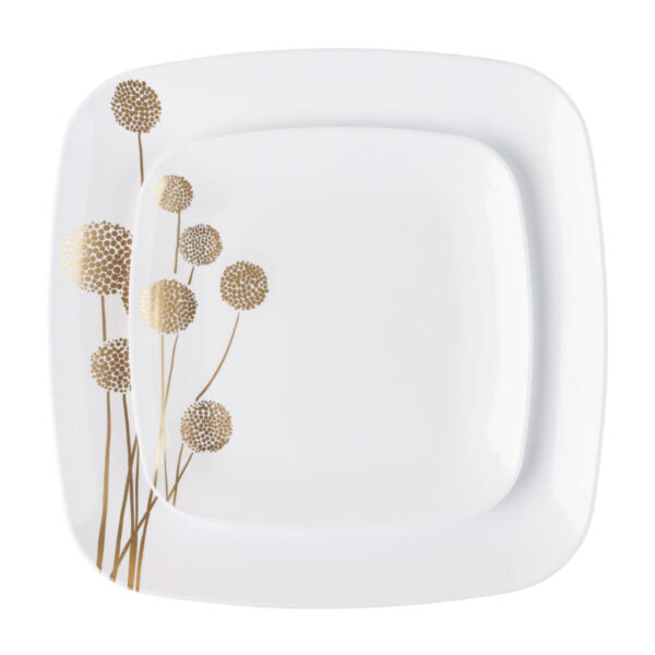 32-Piece White & Gold Square Plastic Dinnerware Set for 16 Guests - Elegant Disposable Plates, Forks, Knives, Spoons - Perfect for Weddings, Parties, Picnics & Outdoor Events