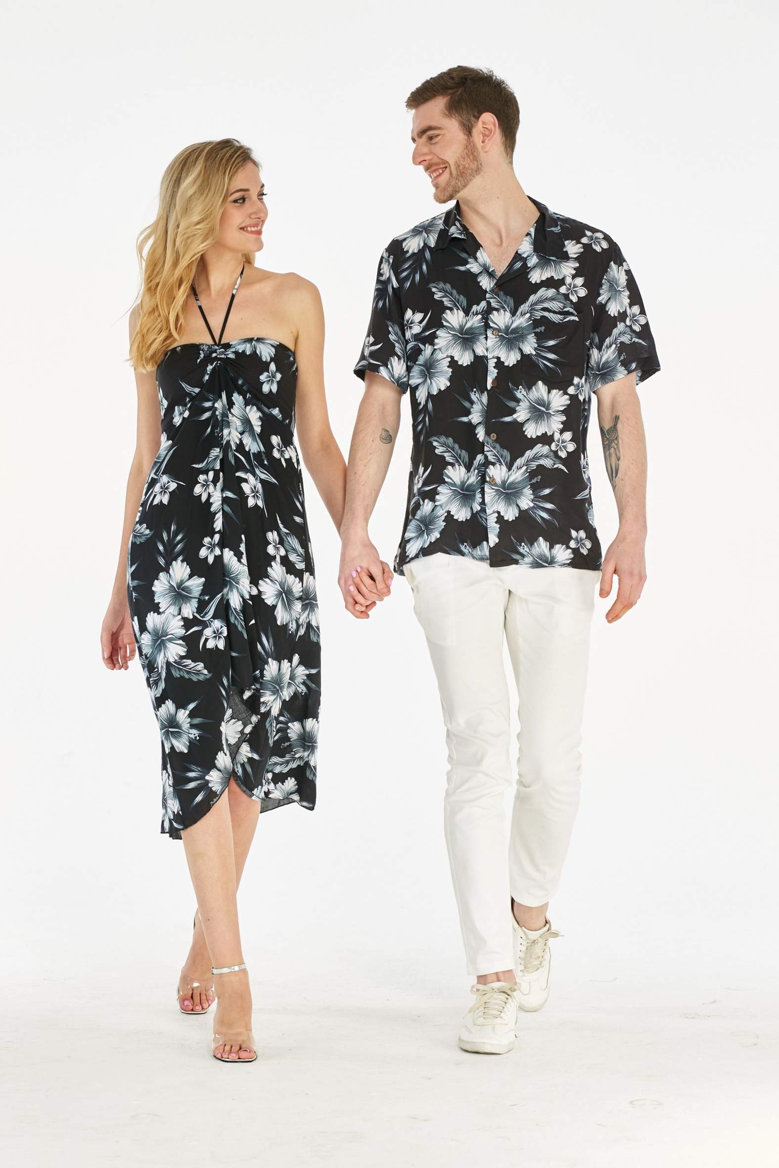 **Matching Couple Hawaiian Luau Party Outfit Set - Black Rafelsia Shirt & Dress for Beach Vacation, Summer Party, and Tropical Theme Events**