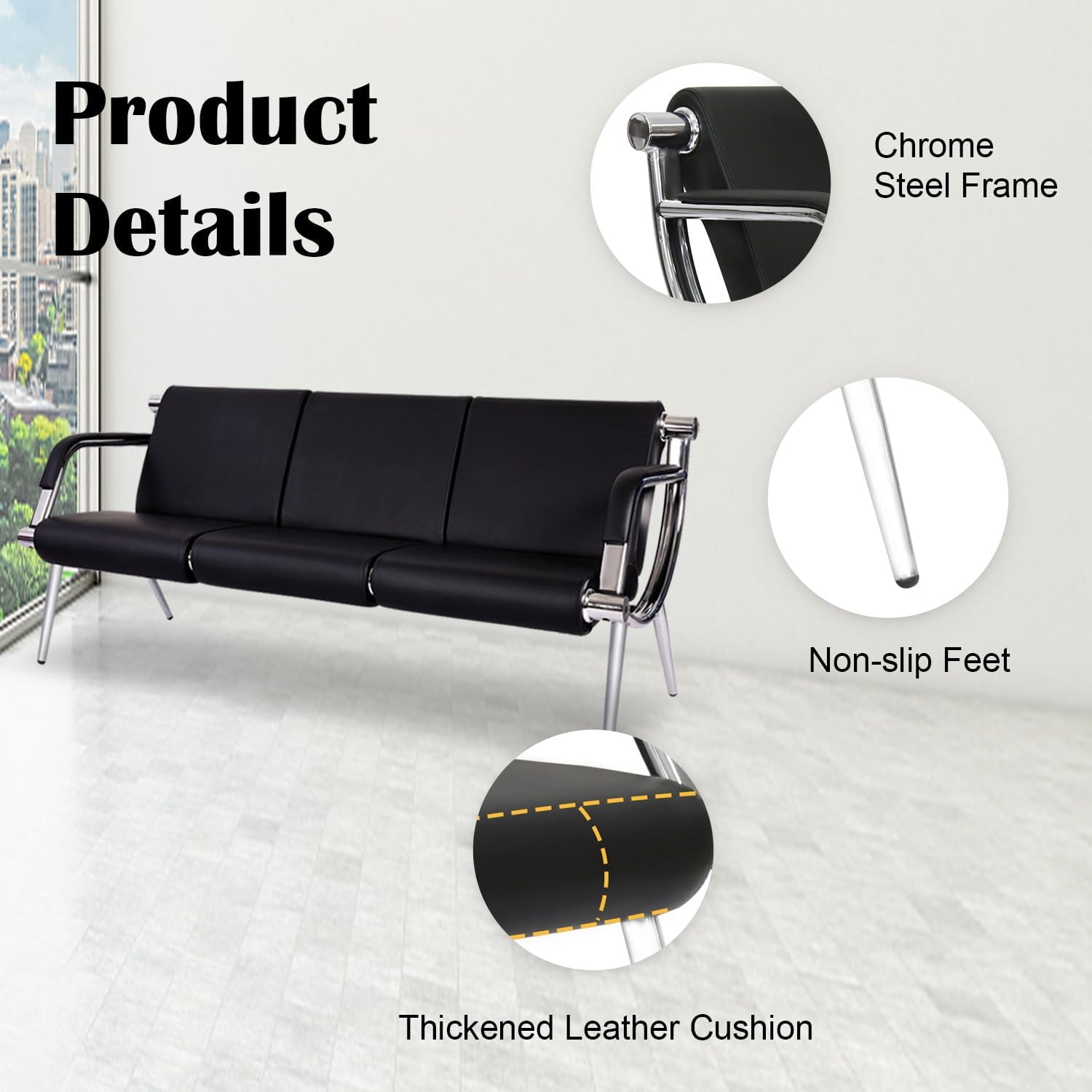 Kinsuite 3-Seat Office Reception Waiting Room Sofa - Black PU Leather Guest Chairs for Salon, Barber Shop, Airport, Bank Lobby & Visitor Areas - Perfect for Professional Waiting Rooms & Reception Areas