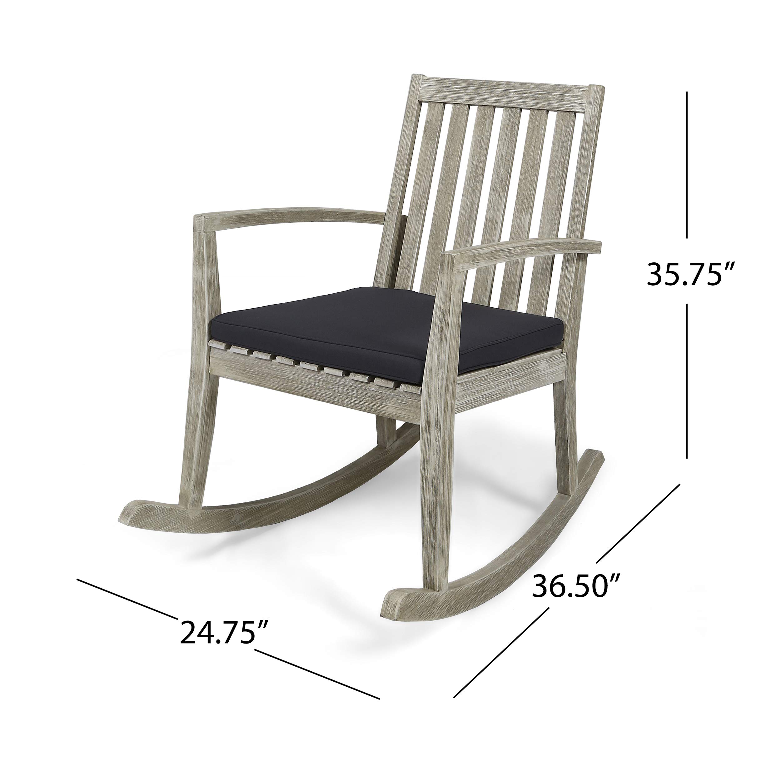 Acacia Wood Patio Rocking Chair with Dark Gray Cushions - Traditional Wire-Brush Light Gray Finish Outdoor Furniture for Garden, Deck & Porch Relaxation