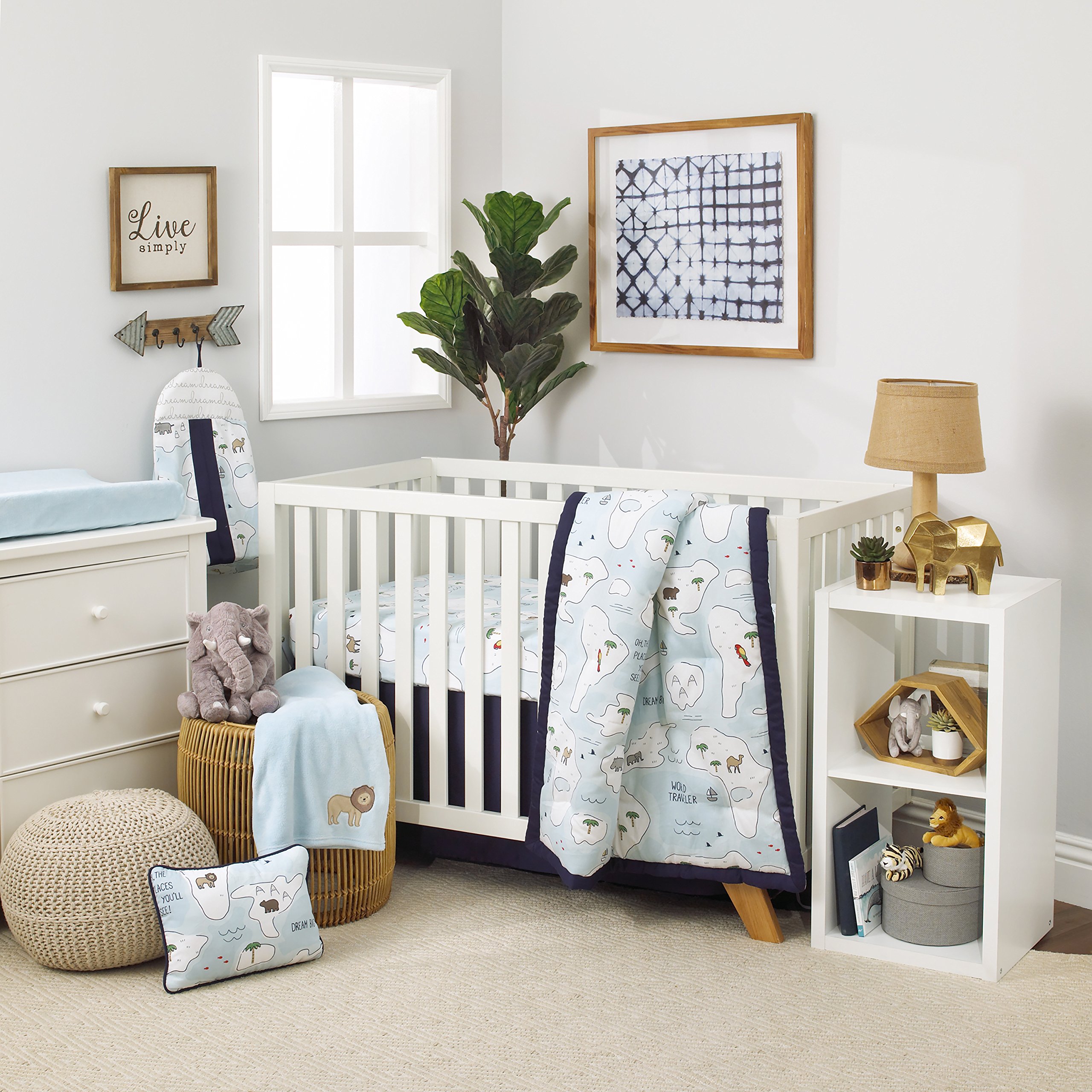 NOJO Dreamer Little Explorer World Map 8-Piece Crib Bedding Set - Navy Blue, Light Blue & White - Soft Baby Nursery Bedding for Boys & Girls - Perfect for Adventure-Themed Nurseries & Travel-Inspired Decor