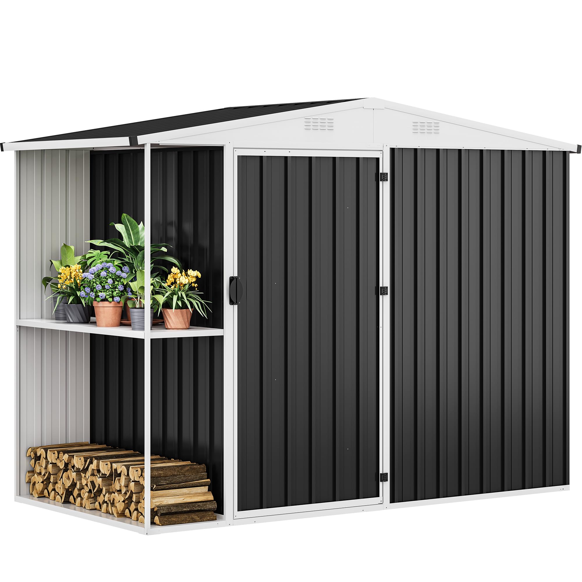 DWVO 8x4FT Outdoor Metal Storage Shed with Rack & Shelves - Heavy Duty Garden Shed for Bike, Tool & Lawn Equipment Storage - Perfect for Backyard, Patio & Garage Organization (Black)