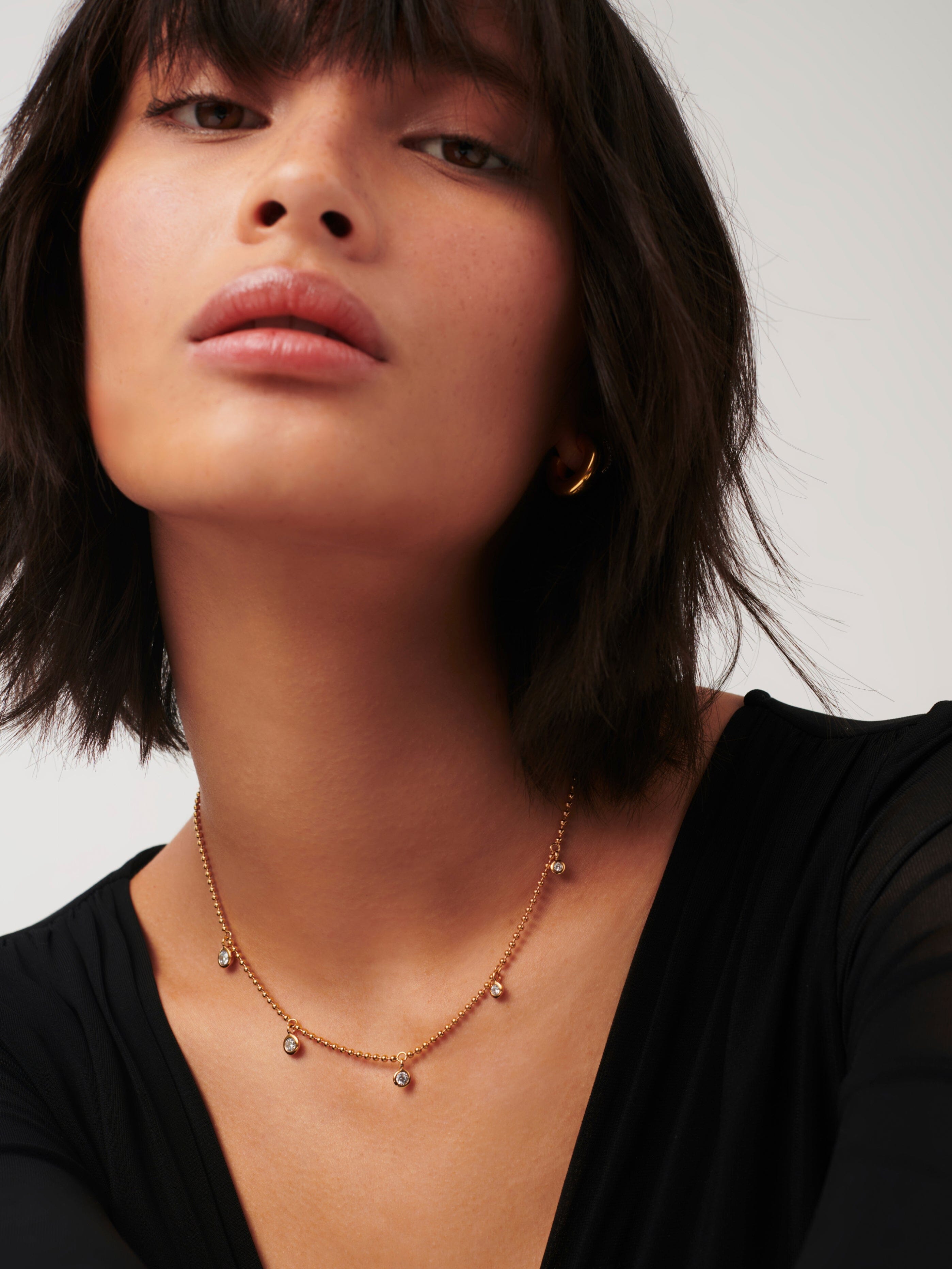 18K Gold Vermeil Stone Charm Drop Choker Necklace with Cubic Zirconia - Elegant Layering Jewelry for Women, Perfect for Date Night & Special Occasions