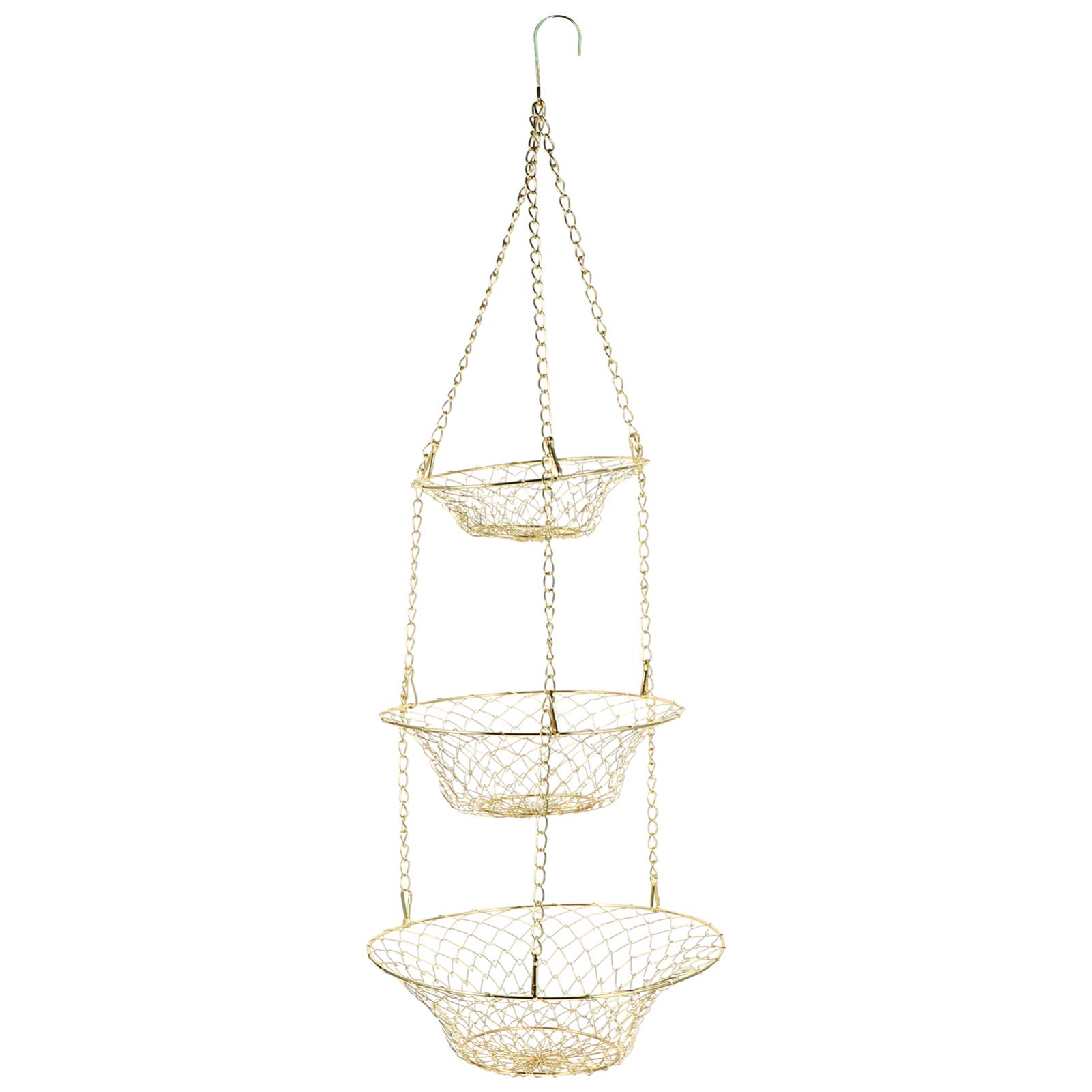 XD Designs 3-Tier Hanging Fruit Basket - Durable Metal & Cast Iron Vegetable Storage Organizer - Foldable Kitchen Basket for Fruits, Snacks, Flowers (Golden) - Perfect for Pantry, Countertop & Small Space Organization