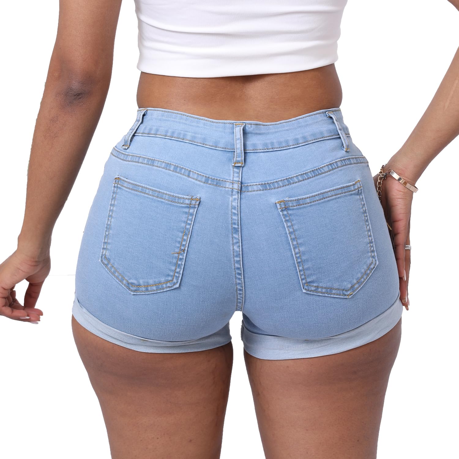 Women's High Waisted Stretchy Denim Shorts - Folded Hem Casual Jean Shorts for Summer | Perfect for Beach, Travel & Everyday Wear