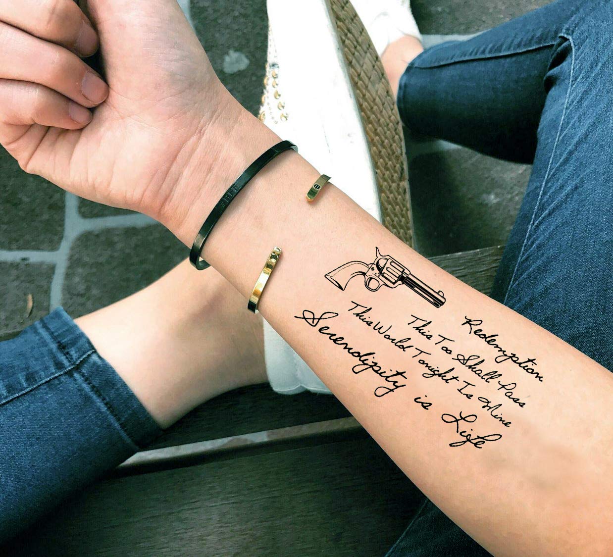 Waterproof Temporary Tattoos for Men & Women - Gun with Quote Design (60x105mm) - Long Lasting Fake Tattoos for Wrist, Arm & Hand - Perfect for Parties, Halloween & Costume Events